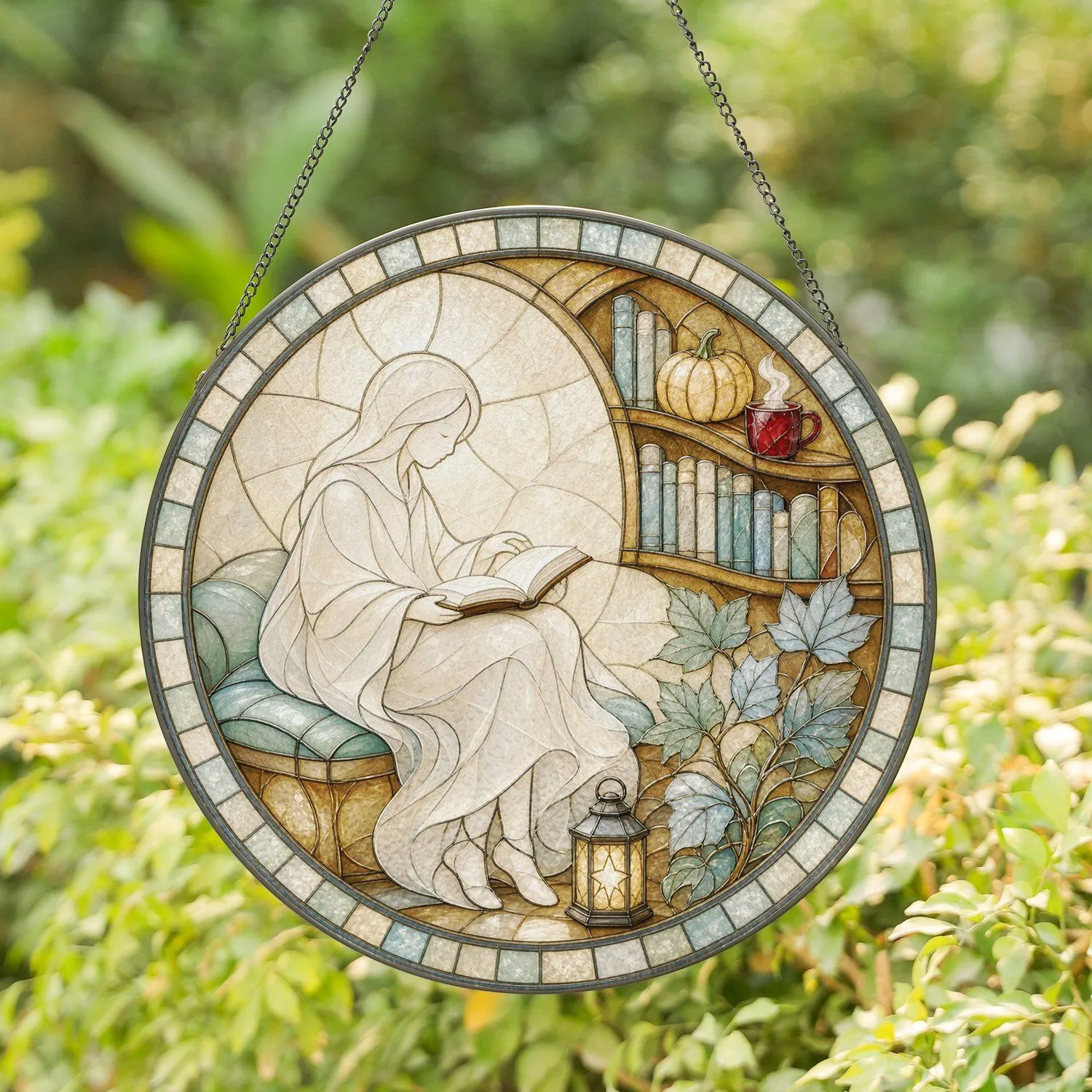 Ghost Reading in Cozy Autumn Library for Halloween Book Lover Fall Reading Nook Stained Glass Suncatcher - 1