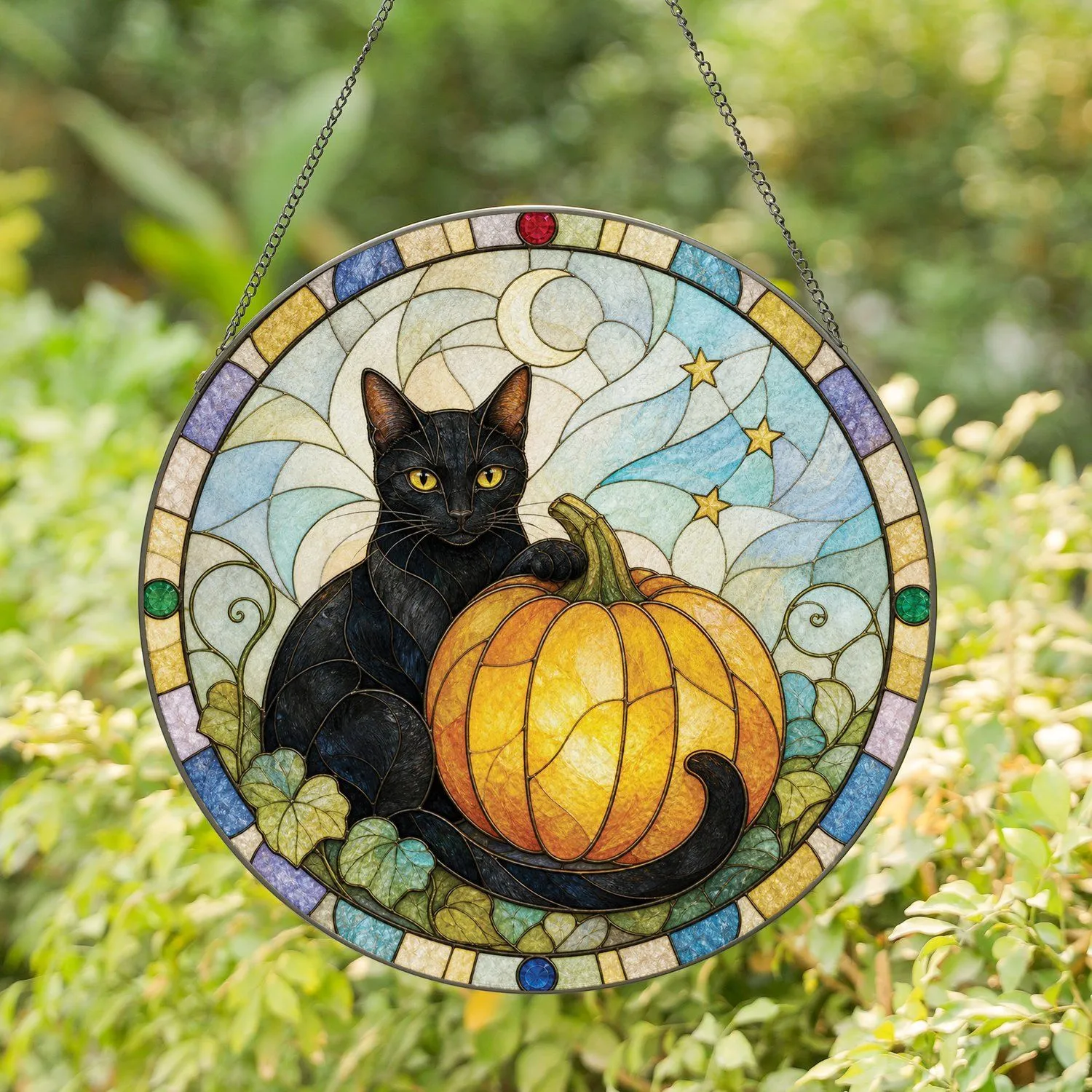Black Cat and Glowing Pumpkin for Halloween Home Decor, Cozy Spooky Gift for Cat Lovers Stained Glass Suncatcher - 1
