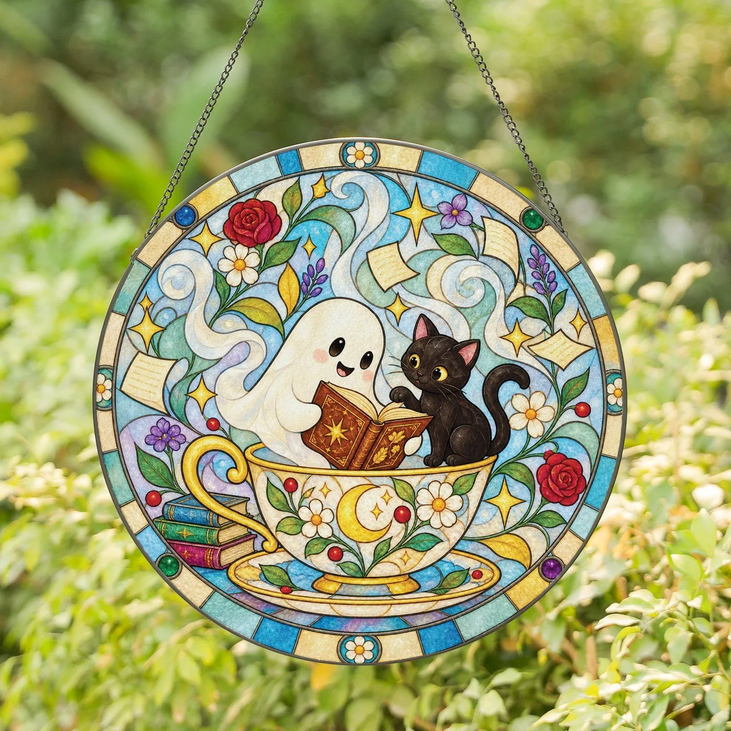 Ghost Reading With Black Cat Teacup Scene For Cozy Book Lovers And Halloween Gifts Stained Glass Suncatcher - 1