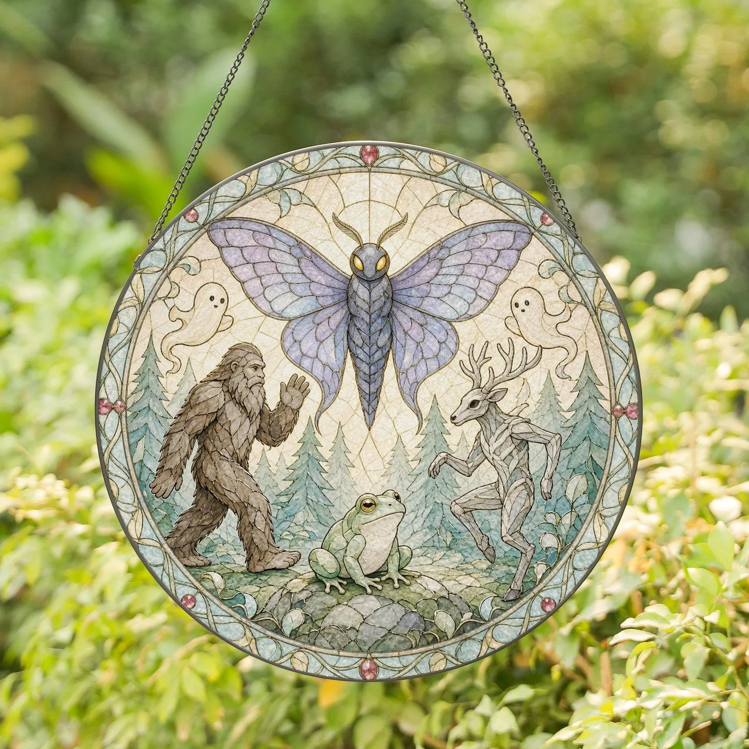 Bigfoot Mothman Wendigo Ghosts Forest Cryptid Scene for Halloween Decor Stained Glass Suncatcher - 1