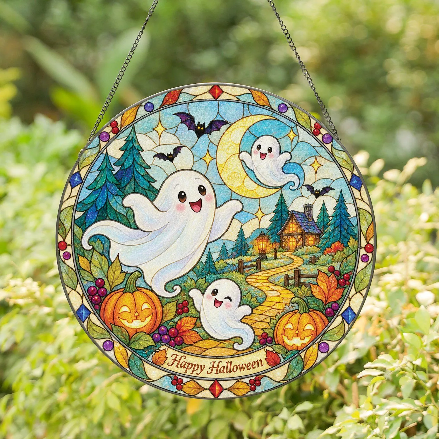 Cute Ghosts and Pumpkins for Halloween Cheer, Cozy Seasonal Home Decor Gift Idea Stained Glass Suncatcher - 1