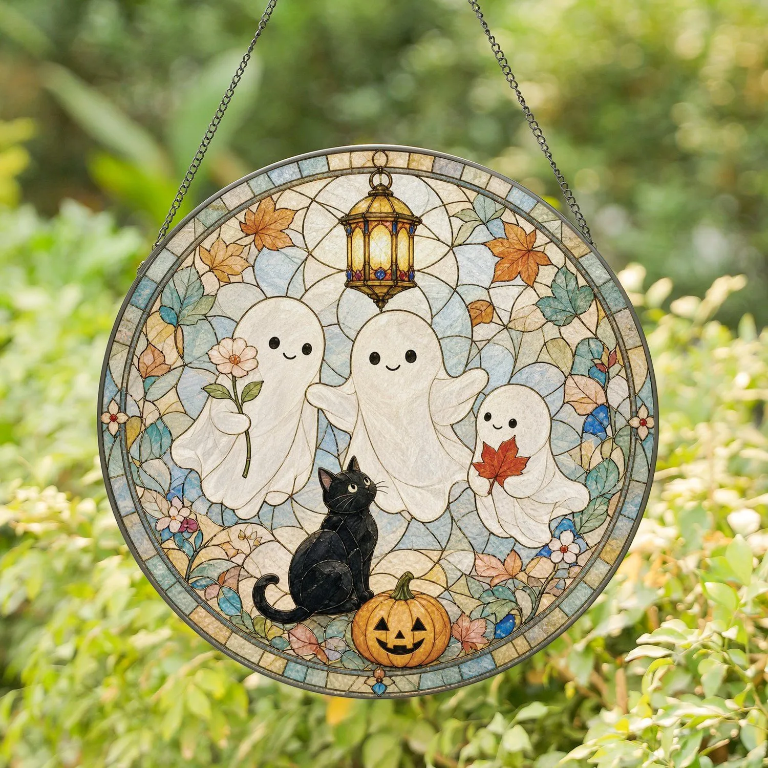 Whimsical Cute Ghost Family with Black Cat Glowing Lantern and Pumpkin Halloween Scene Stained Glass Suncatcher - 1