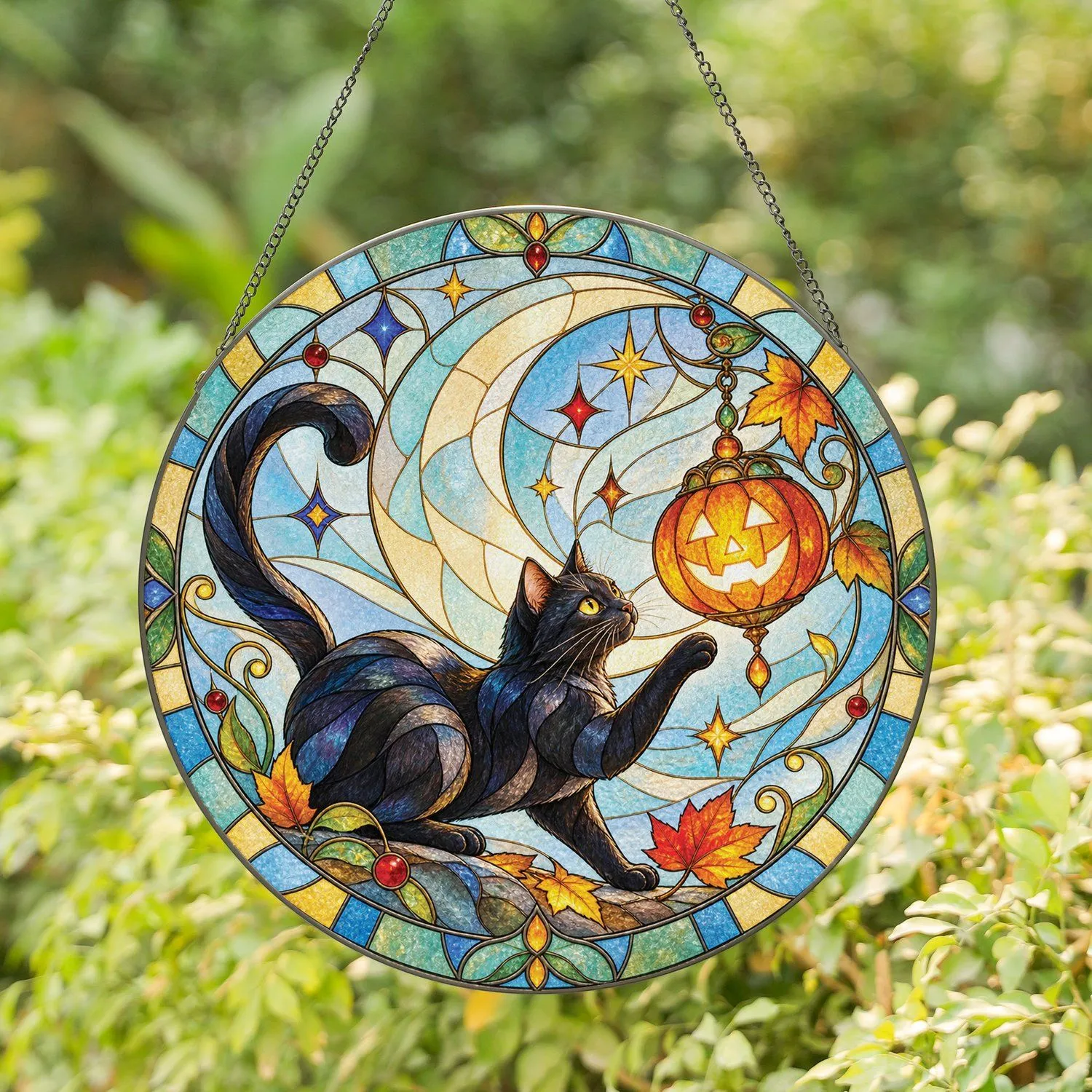 Black Cat, Glowing Pumpkin Moon for Halloween Night and Cozy Fall Home Decor Lovers Stained Glass Suncatcher - 1