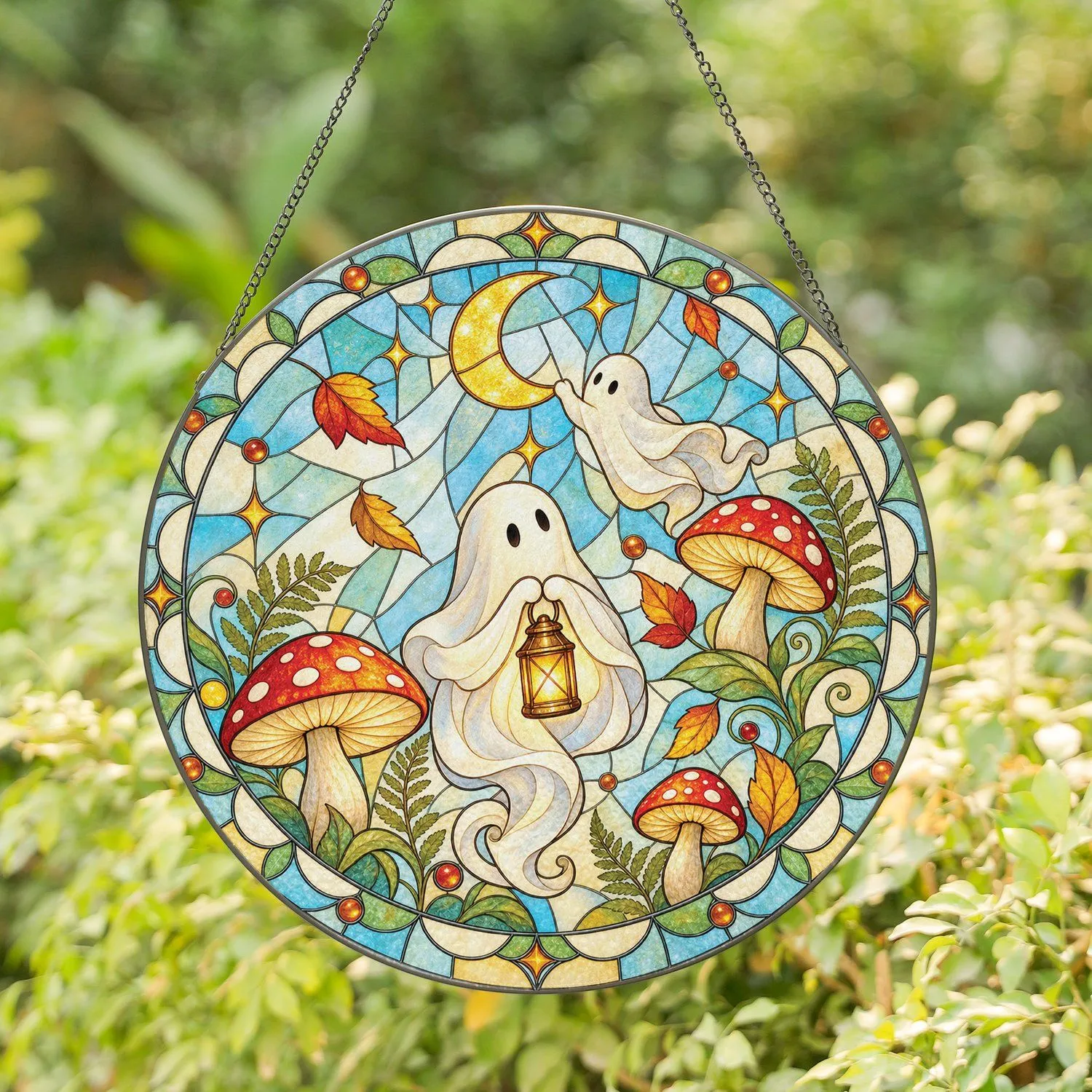 Ghost Mushroom Autumn Decor For Cottagecore Halloween Lovers, Cozy Homes And Gardens Stained Glass Suncatcher - 1