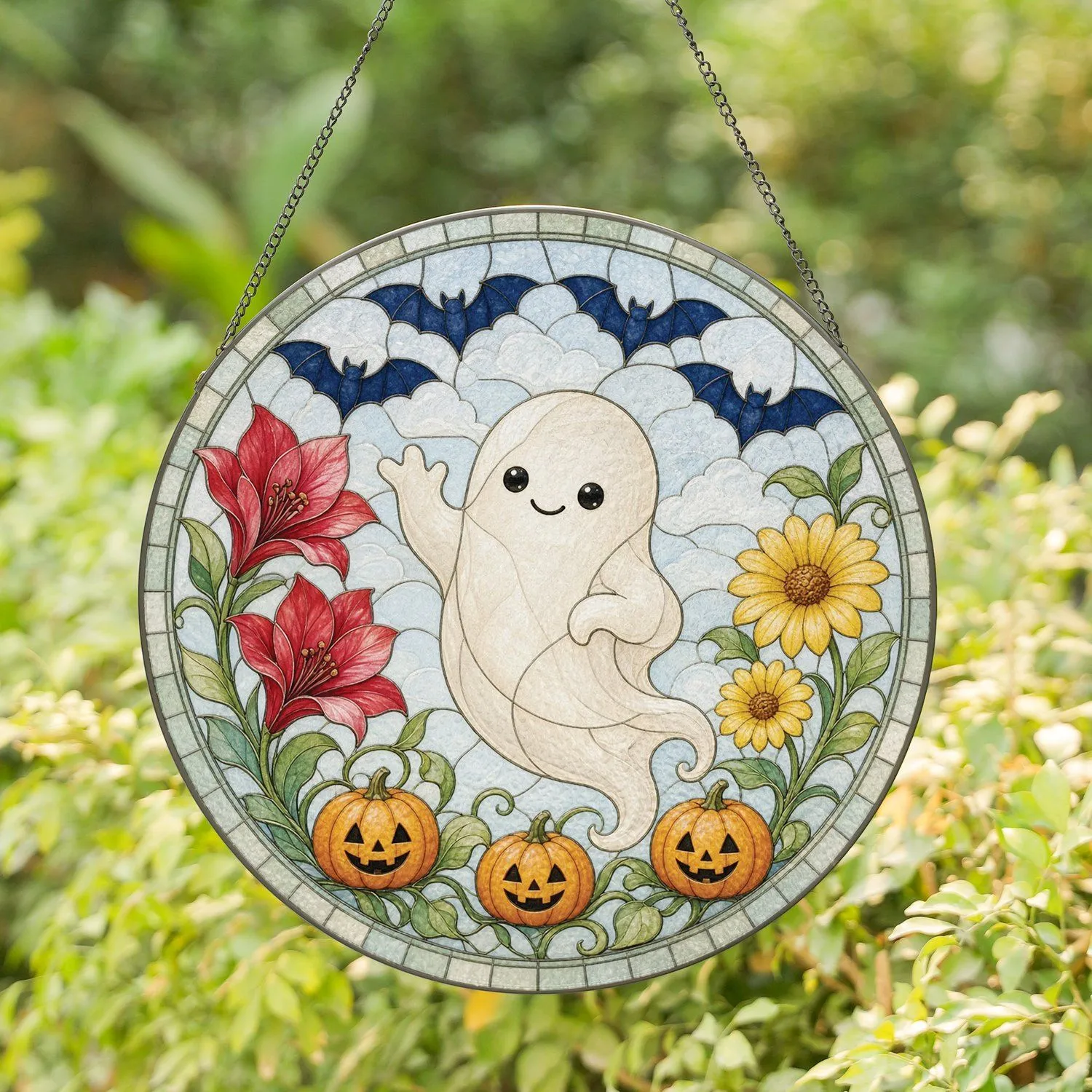 Cute Ghost Pumpkin Halloween Window Decor for Spooky Homes Stained Glass Suncatcher - 1