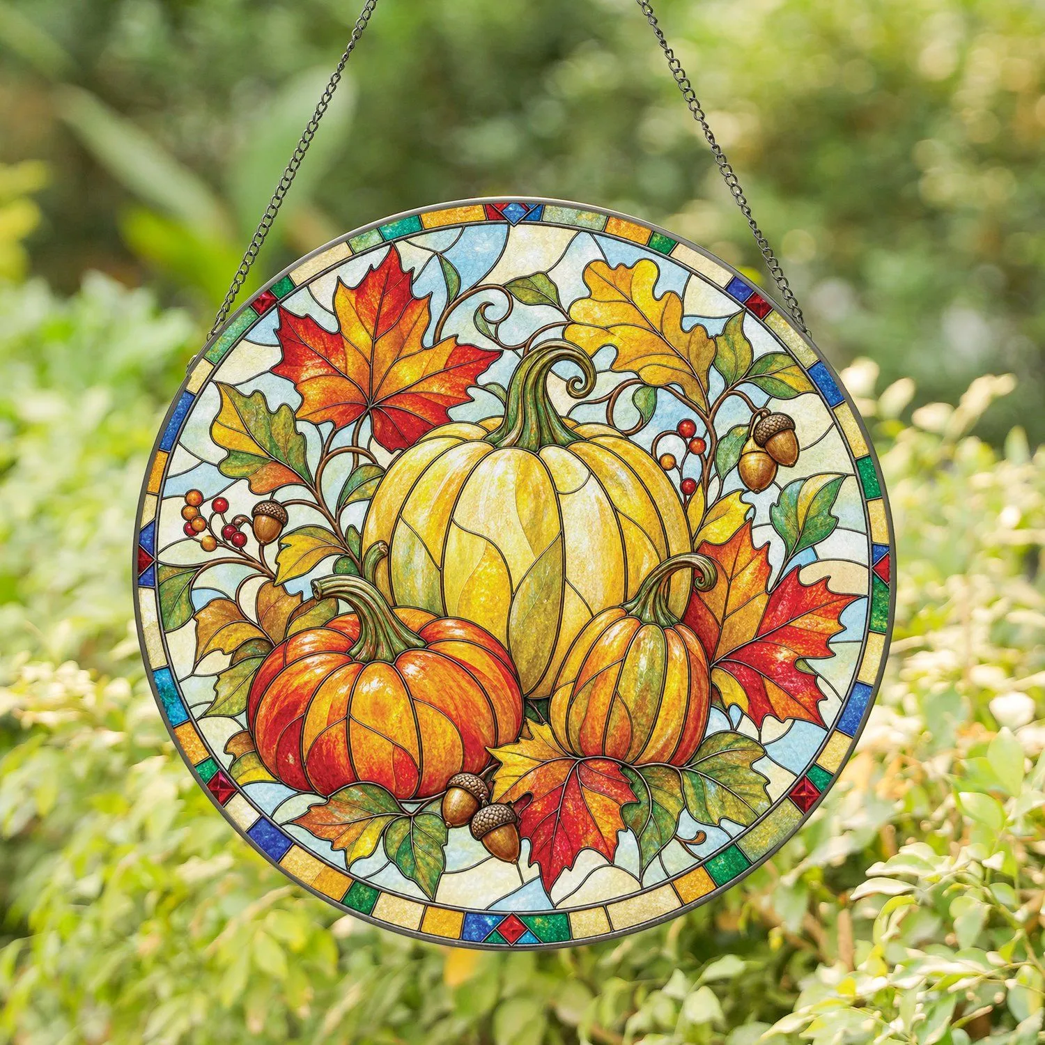 Three Pumpkin Autumn Harvest Scene for Halloween Thanksgiving Seasonal Home Decor Stained Glass Suncatcher - 1