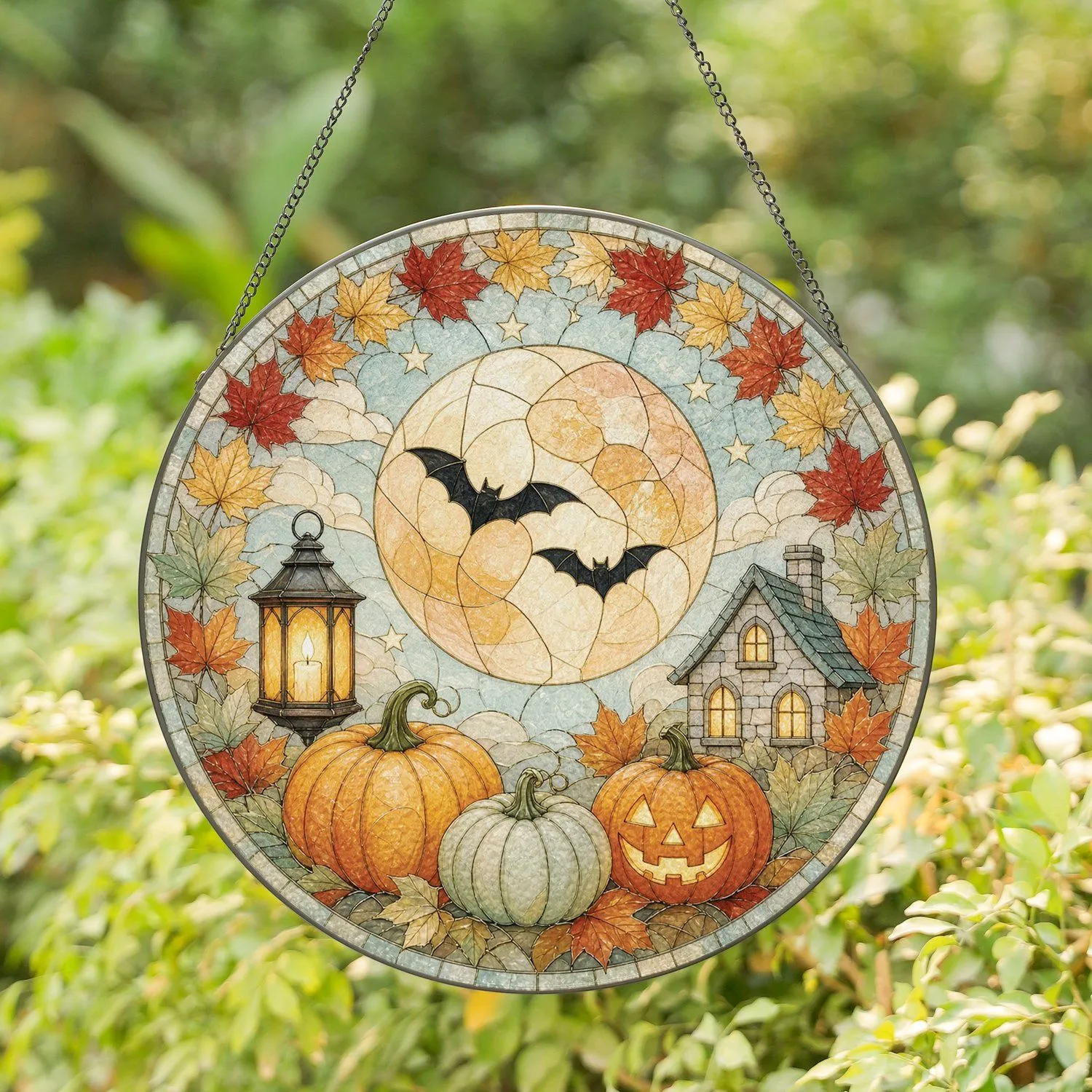 Glowing Harvest Moon Pumpkin Scene with Maple Leaves Cottagecore Halloween Decor Stained Glass Suncatcher - 1