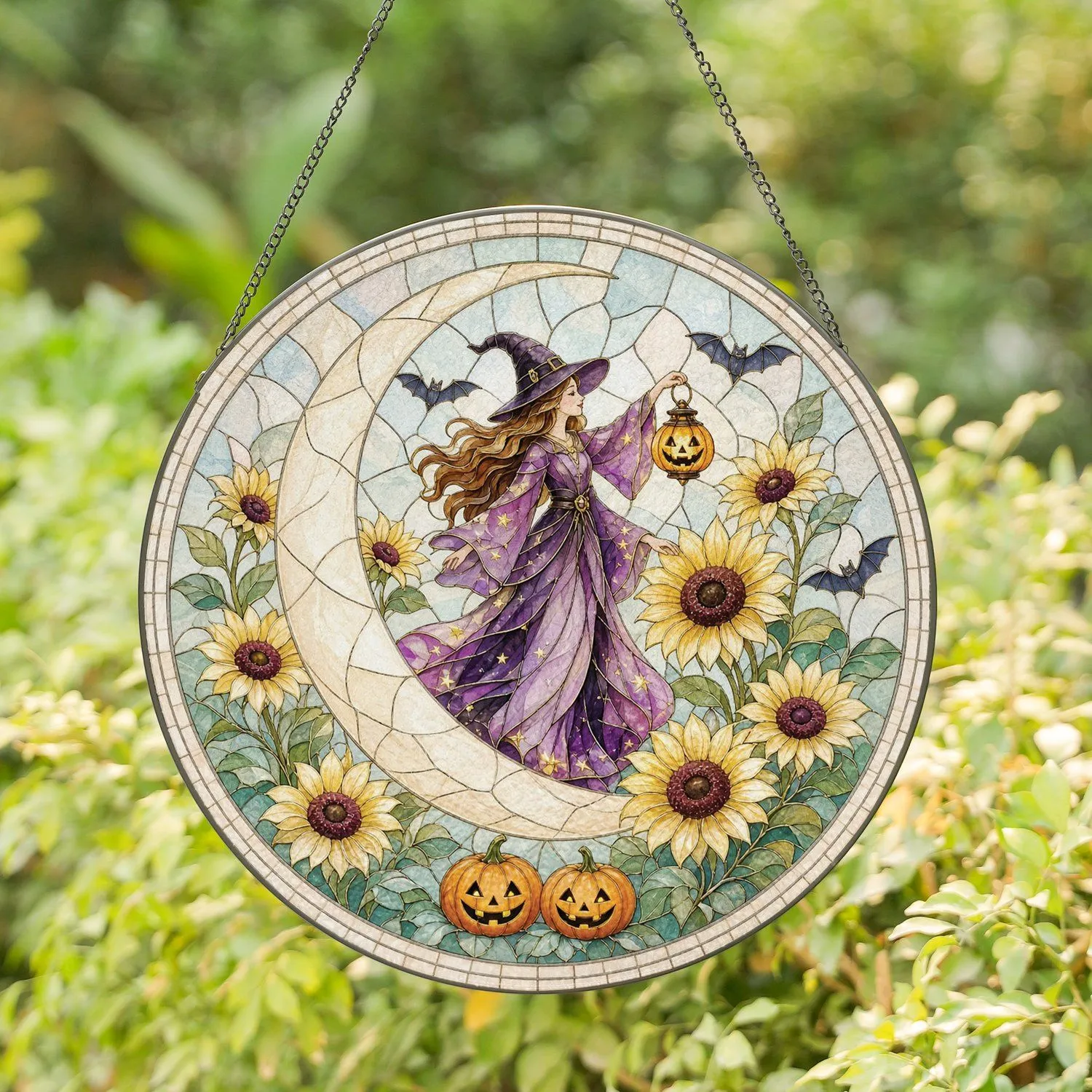 Whimsical Witch on Crescent Moon for Spooky Halloween Autumn Decorations Stained Glass Suncatcher - 1