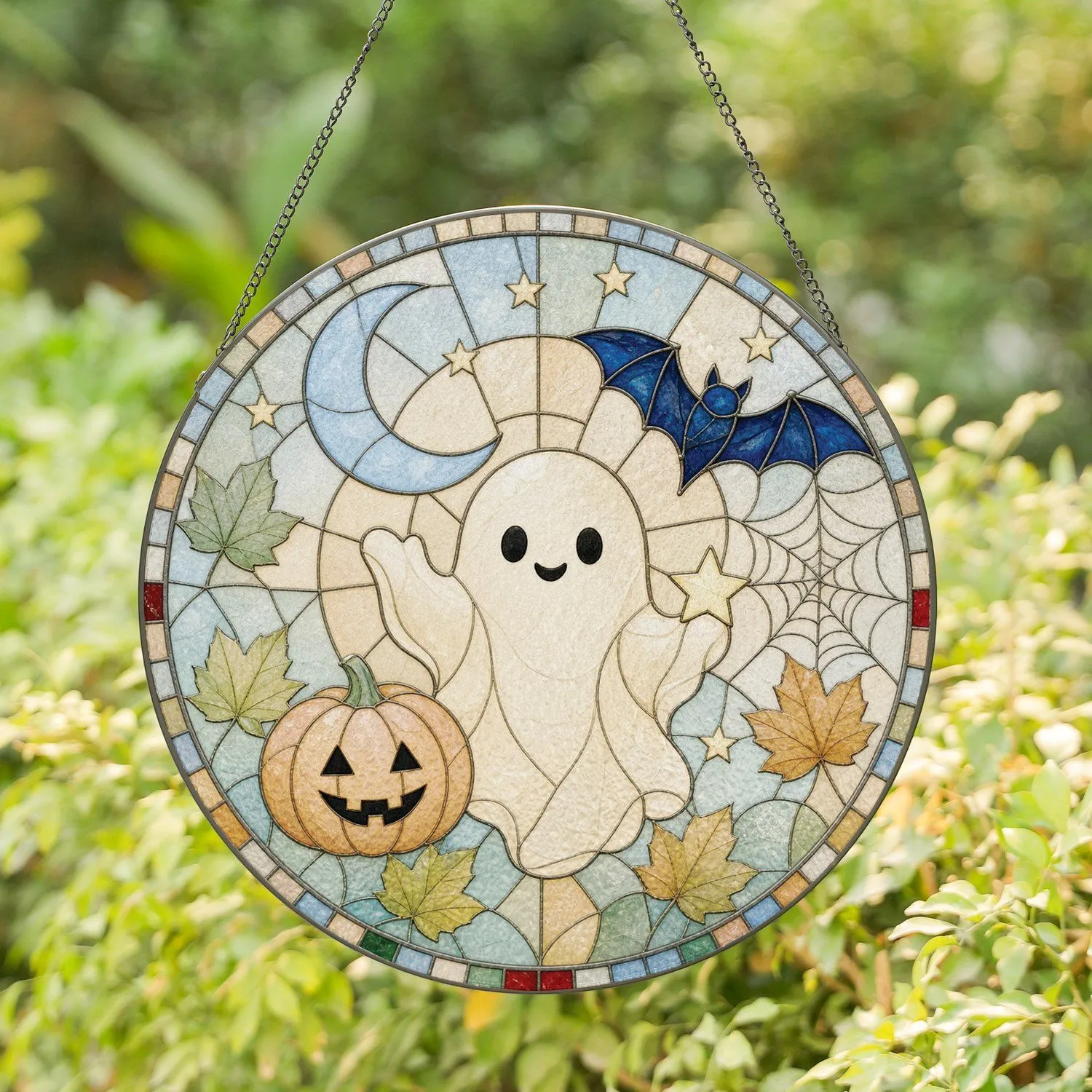 Friendly Ghost Pumpkin and Bat Halloween Decor for Autumn Window Display Stained Glass Suncatcher - 1