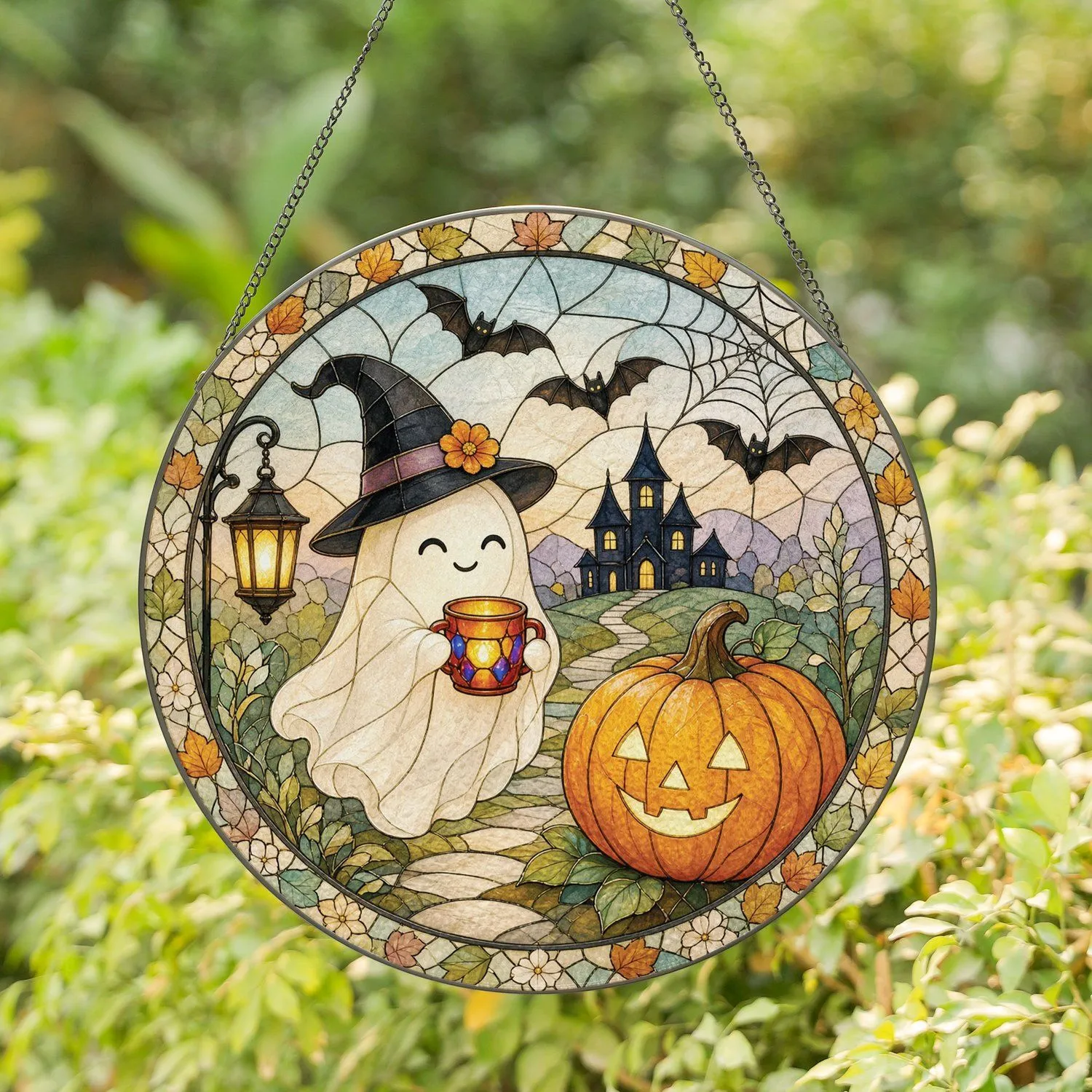 Ghost Pumpkin Witch Halloween Suncatcher for Spooky Fall Window Decor Stained Glass Suncatcher - 1