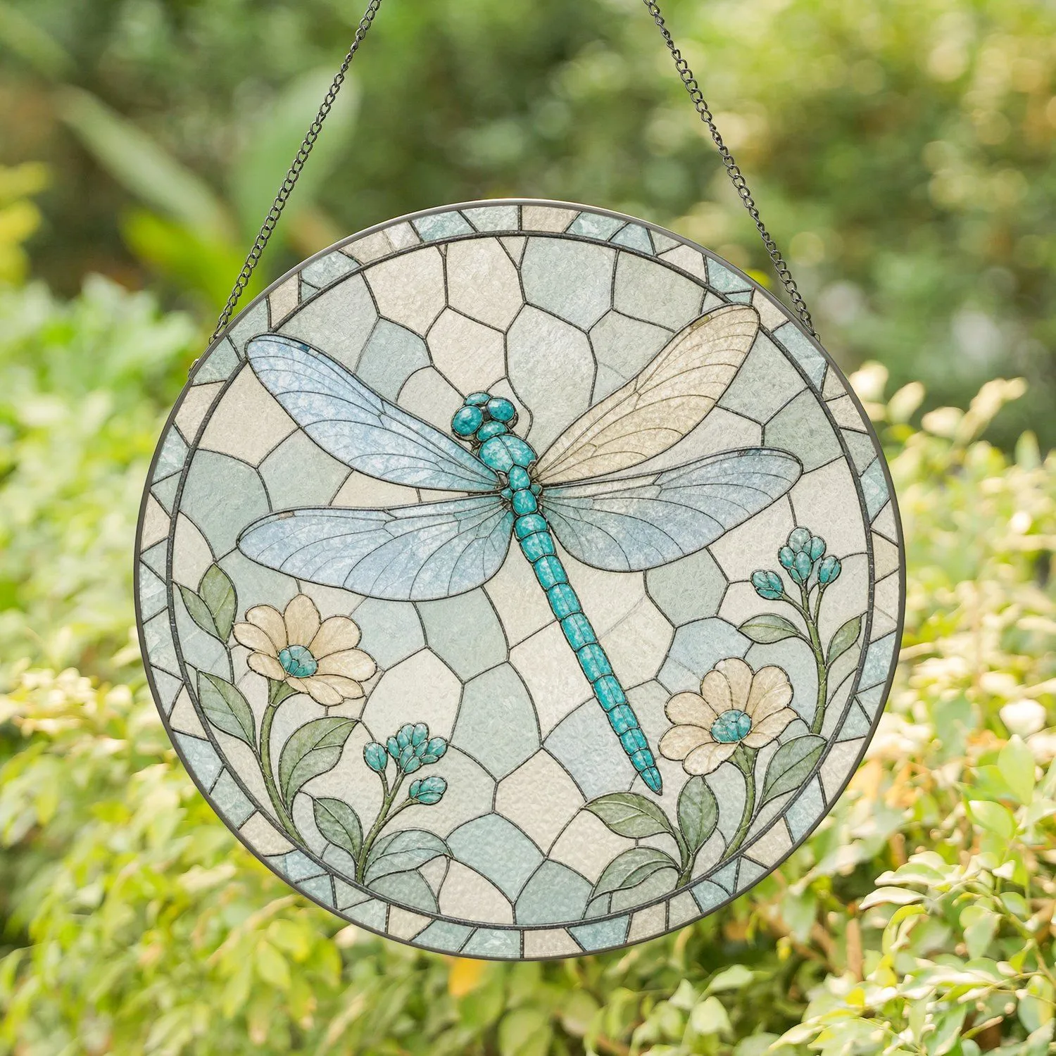 Baby Blue Dragonfly Cottage Garden Circle for Mother's Day Celebration Stained Glass Suncatcher - 1
