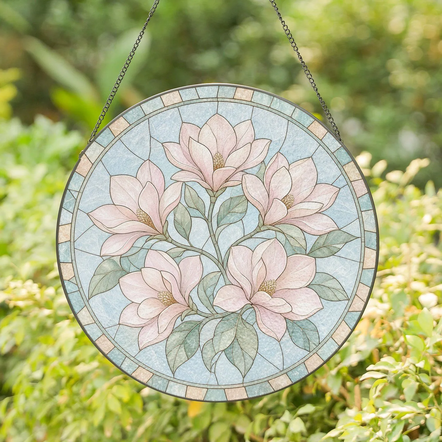 Soft Pink Magnolia Blossoms in Circle for Mother's Day Garden Window Display Stained Glass Suncatcher - 1