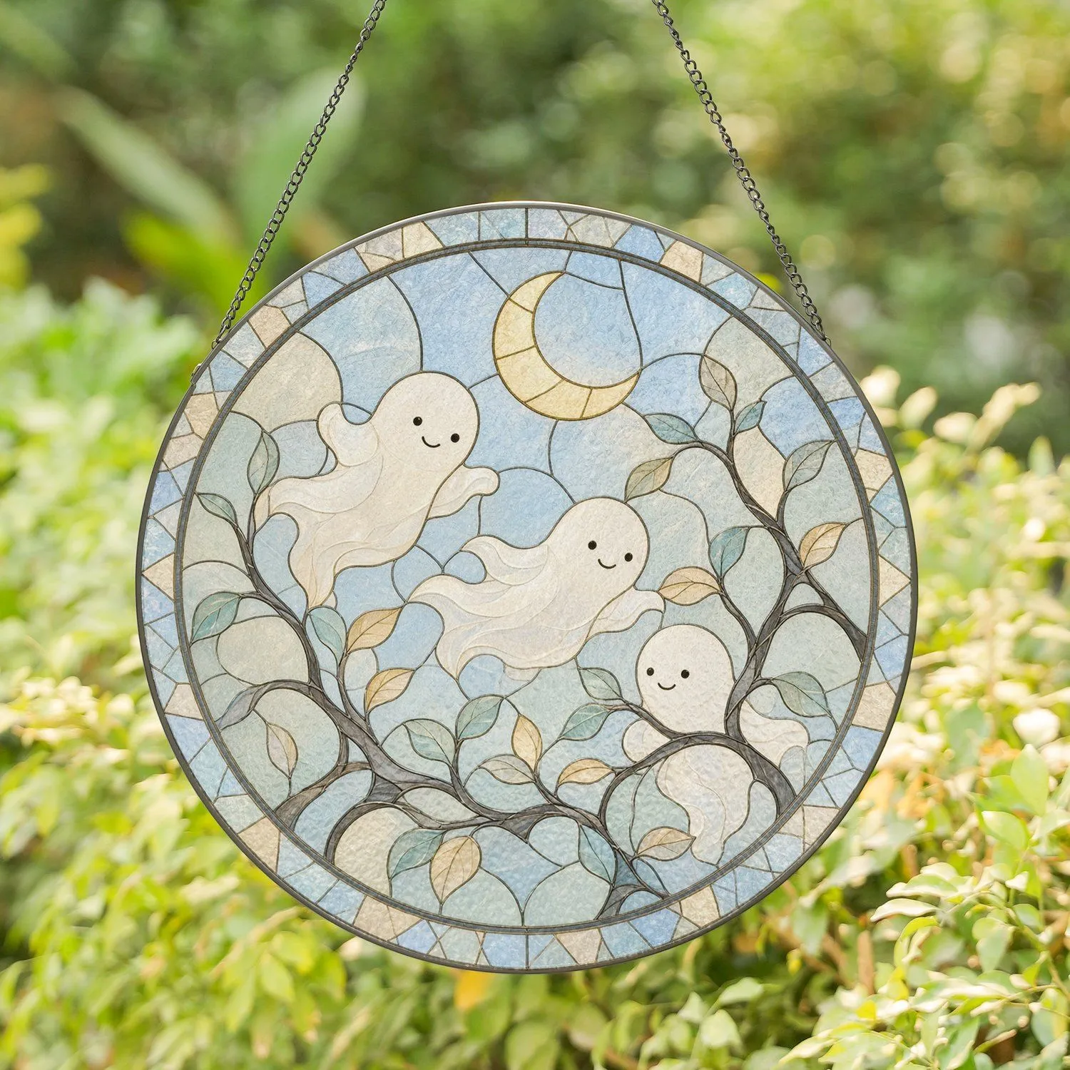 Three Playful Ghosts Drifting by Glowing Crescent Moon for Spooky Halloween Decor Stained Glass Suncatcher - 1