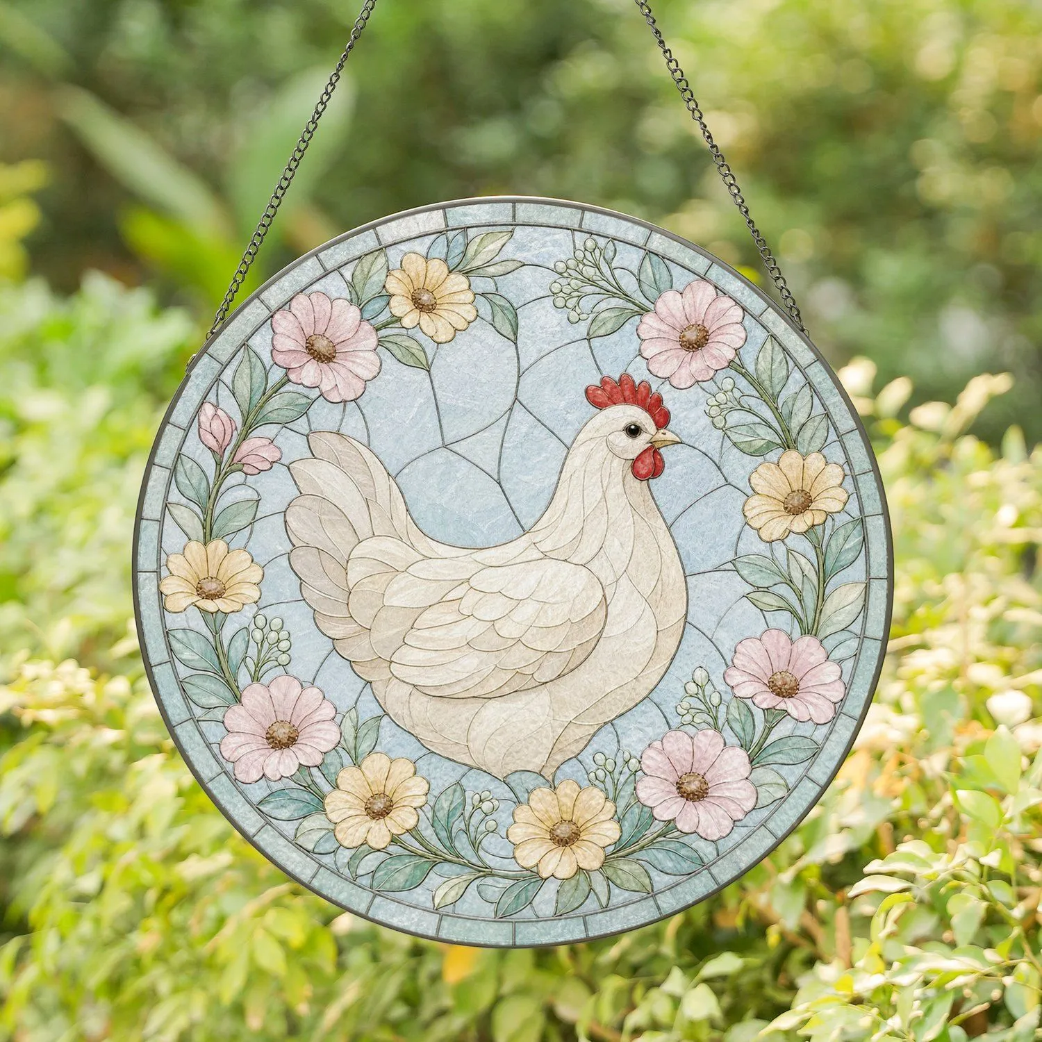 Graceful White Hen Amid Spring Flowers for Housewarming and Mother’s Day Stained Glass Suncatcher - 1