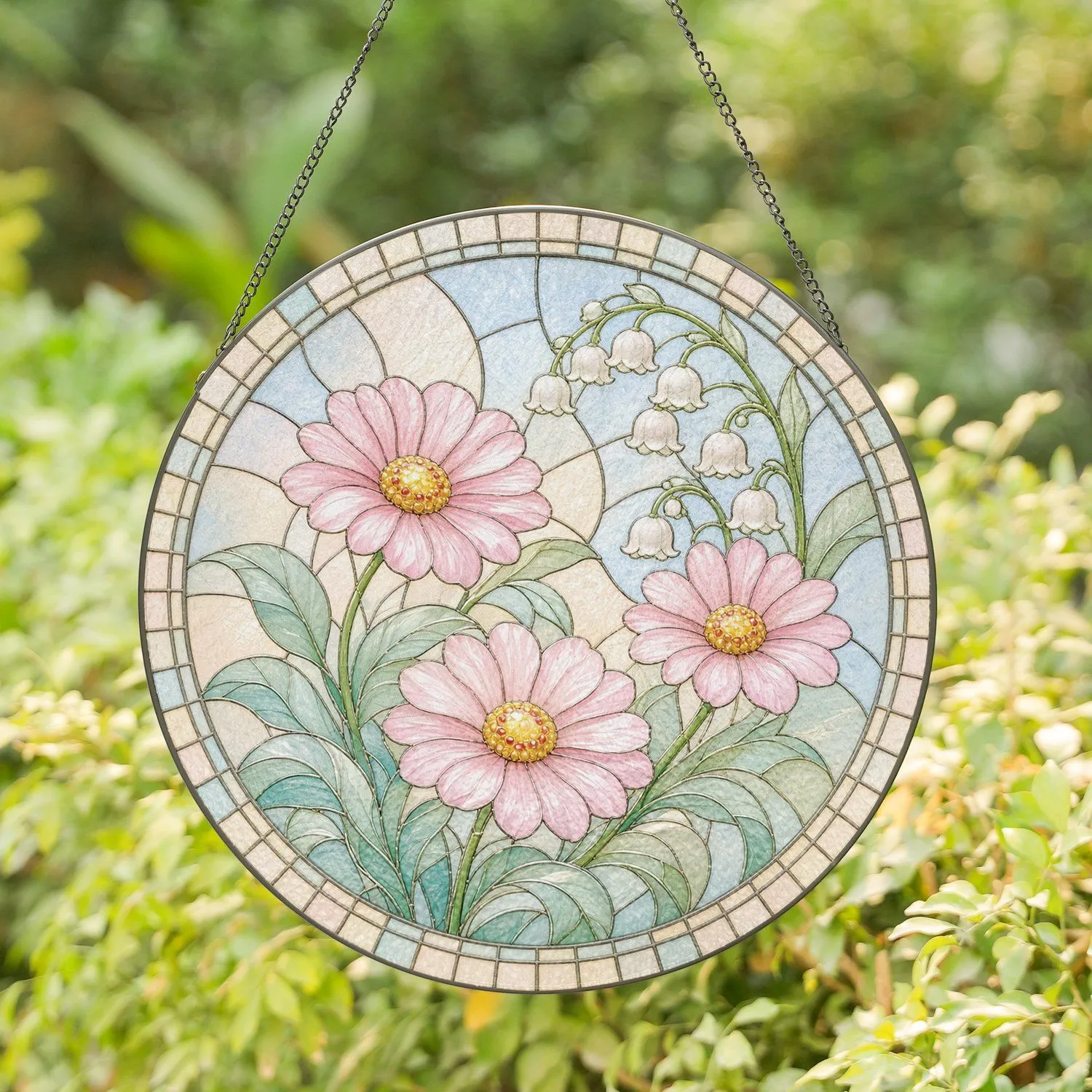 Pink Lily Flowers and Lily of the Valley Circular for Garden Window Stained Glass Suncatcher - 1
