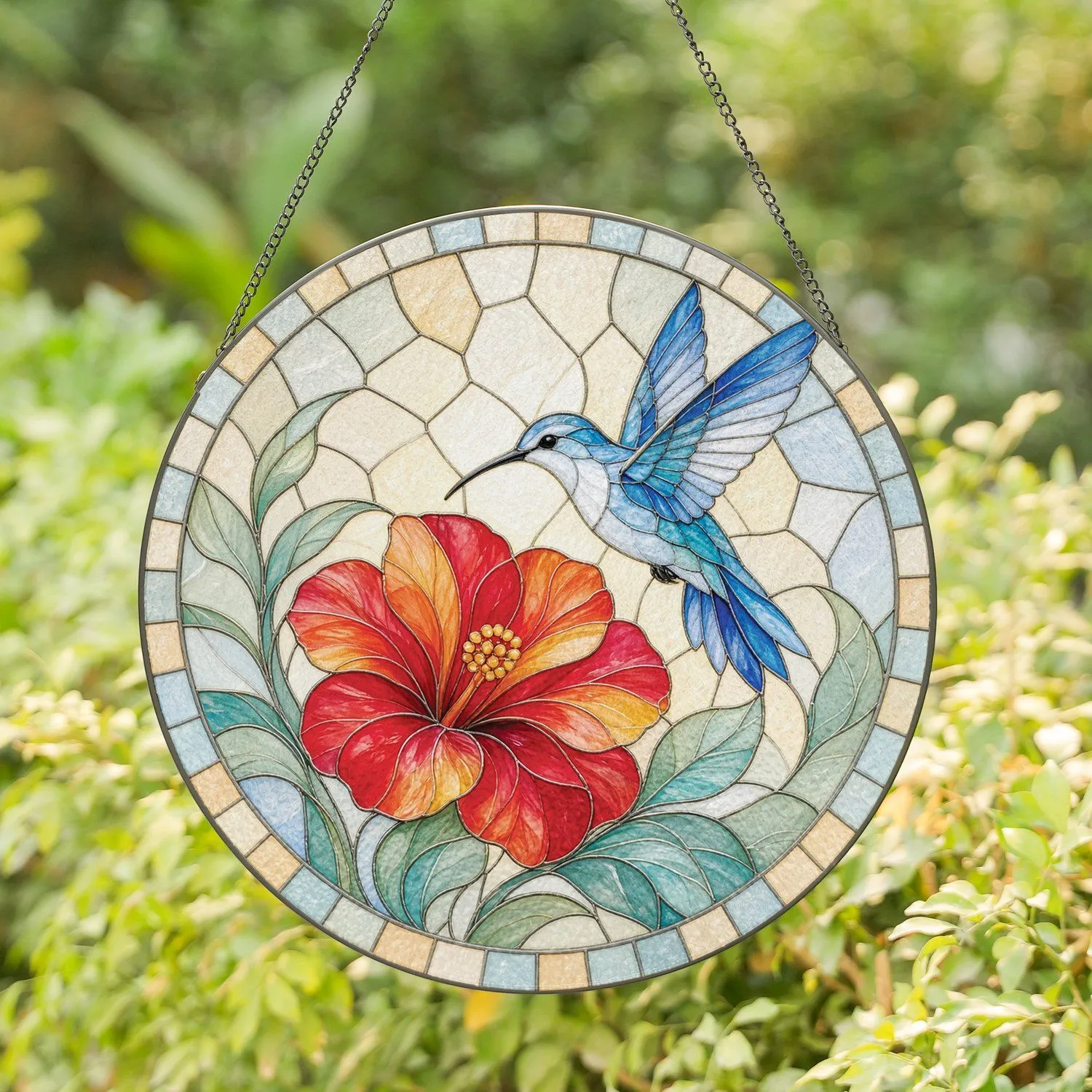 Hummingbird with Red Flower Circular Composition for Mother's Day and Nature Gifts Stained Glass Suncatcher - 1
