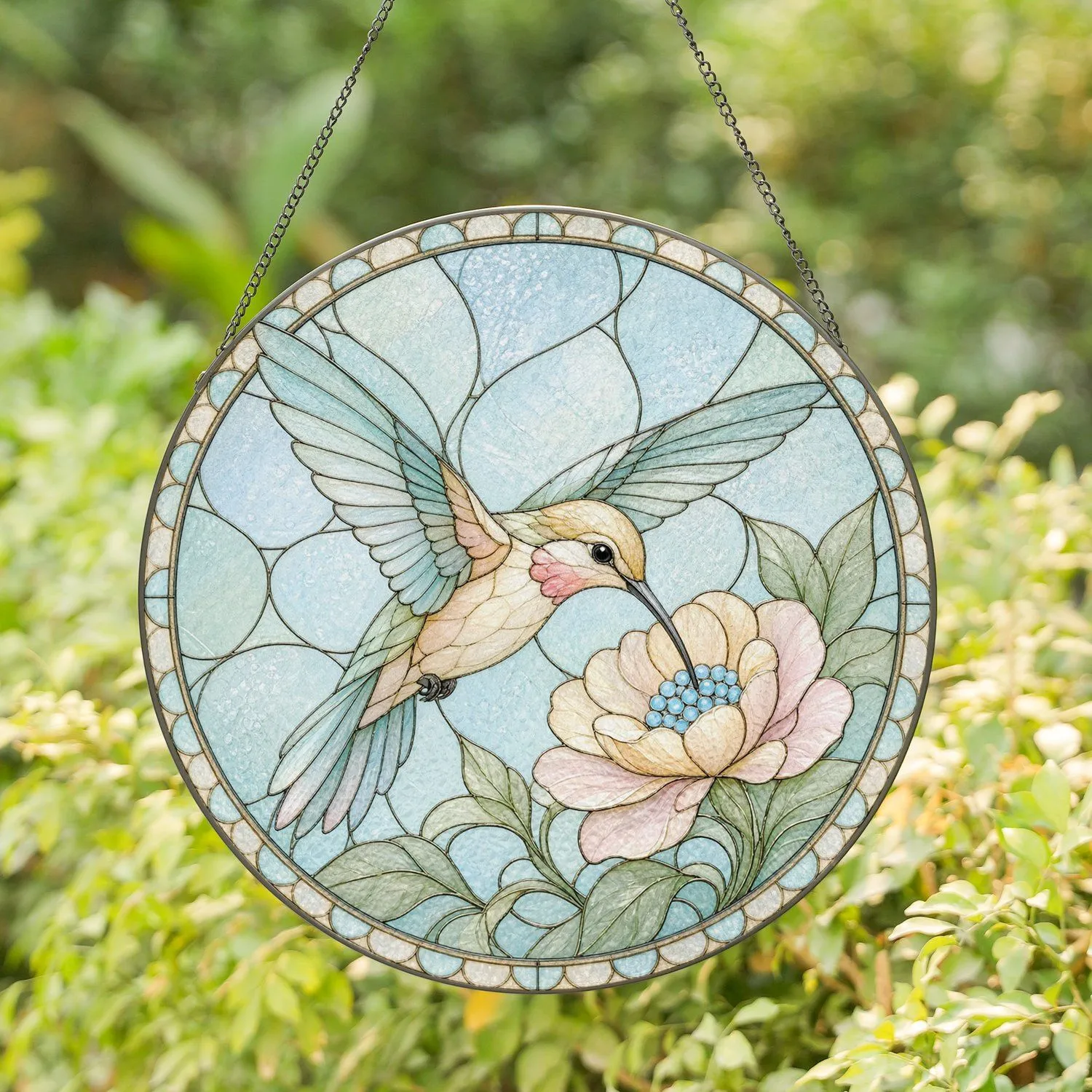 Elegant Hummingbird in Graceful Flight with Delicate Bloom for Serene Home Window Accent Stained Glass Suncatcher - 1