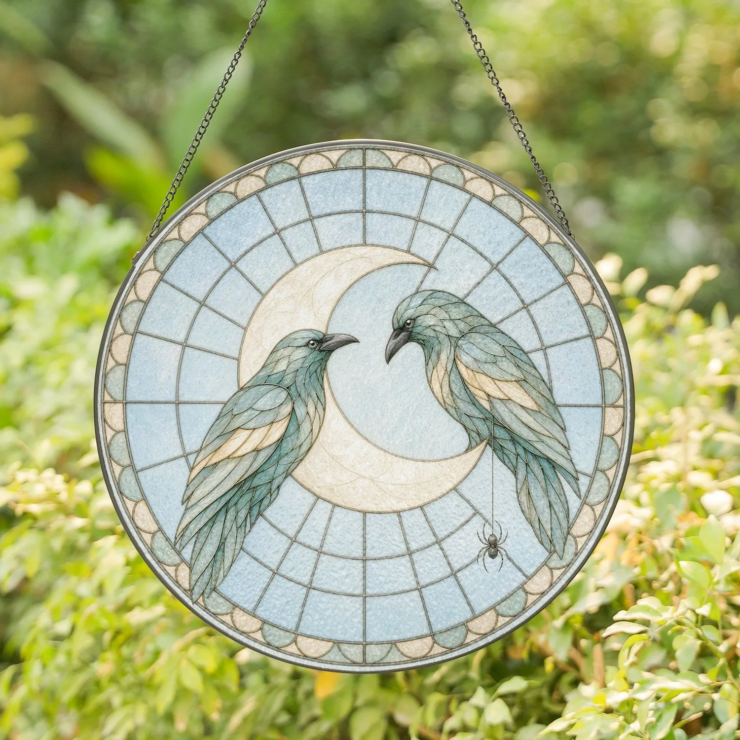 Two Ravens and Crescent Moon Halloween Themed Circular Design for Seasonal Home Decor Stained Glass Suncatcher - 1