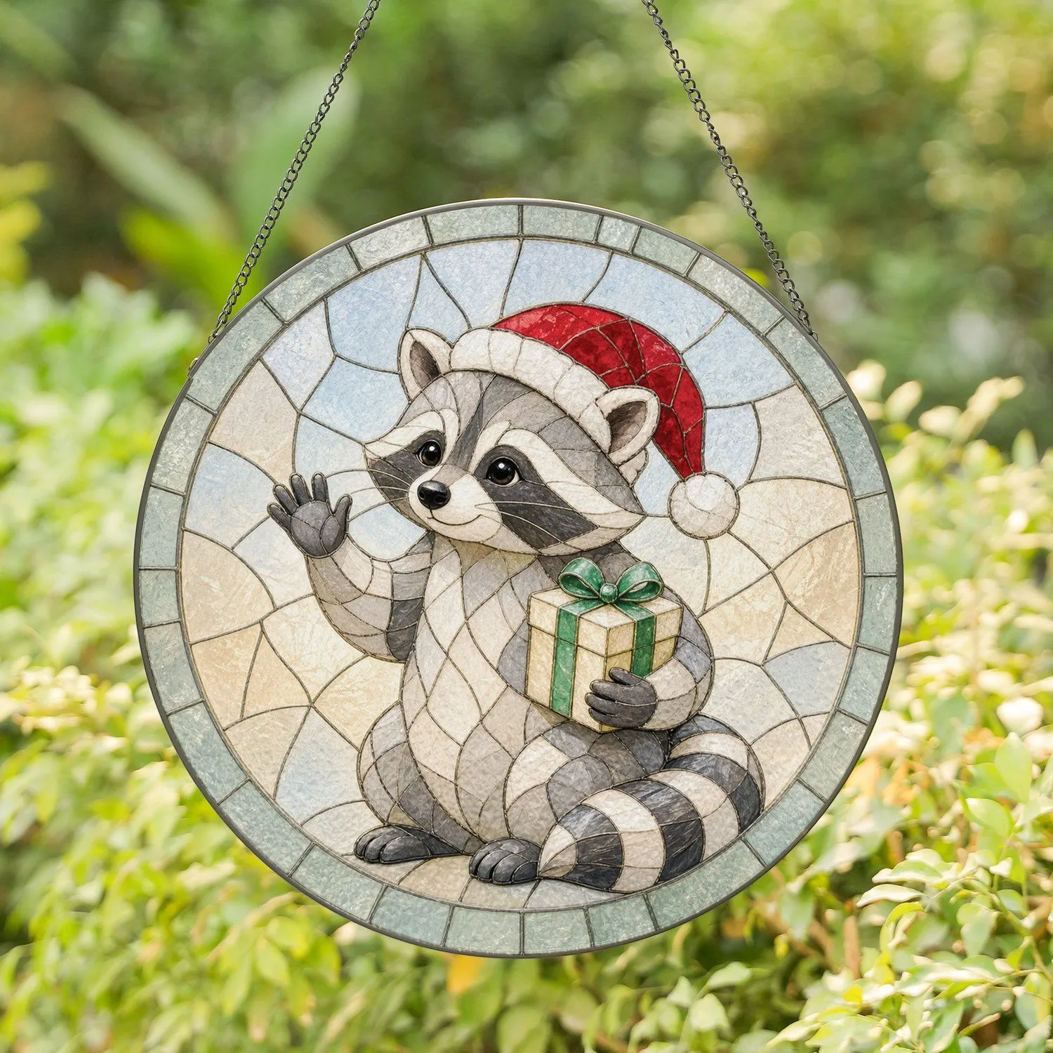 Festive Raccoon in Santa Hat for Seasonal Christmas Cozy Home Living Room Decor Stained Glass Suncatcher - 1