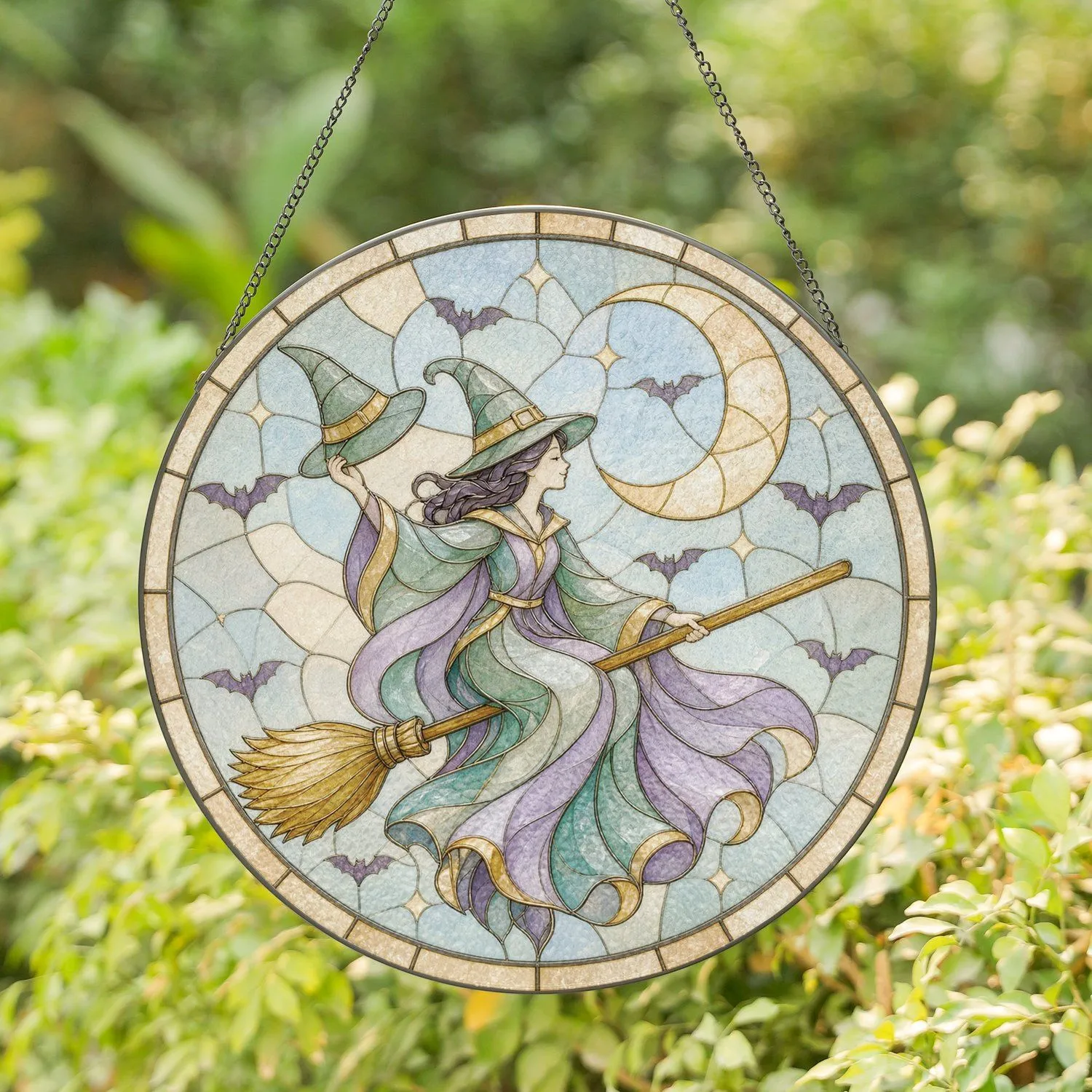 Whimsical Witch On Broom With Crescent Moon Funny Halloween Decor Stained Glass Suncatcher - 1