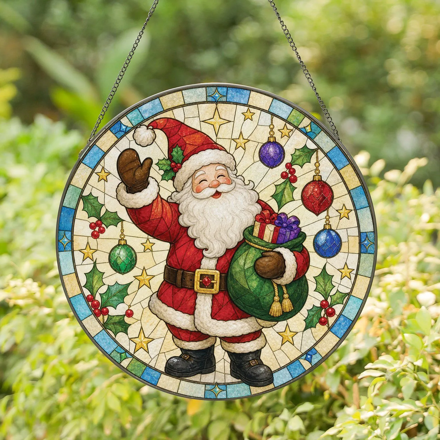 Santa Claus Christmas Decor for Cheerful Holiday Home Styling and Gifting for Boyfriend Stained Glass Suncatcher - 1