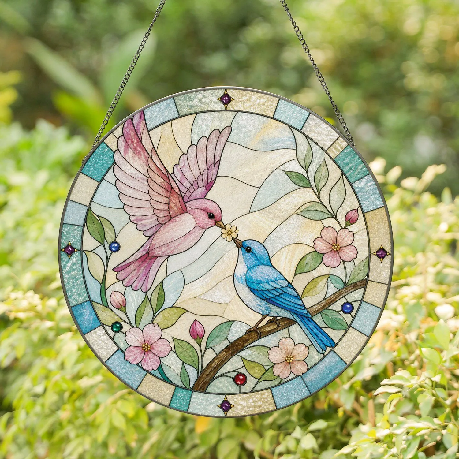 Blue and Pink Love Birds for Spring Housewarming Gift and Cottage Garden Home Decor Stained Glass Suncatcher - 1