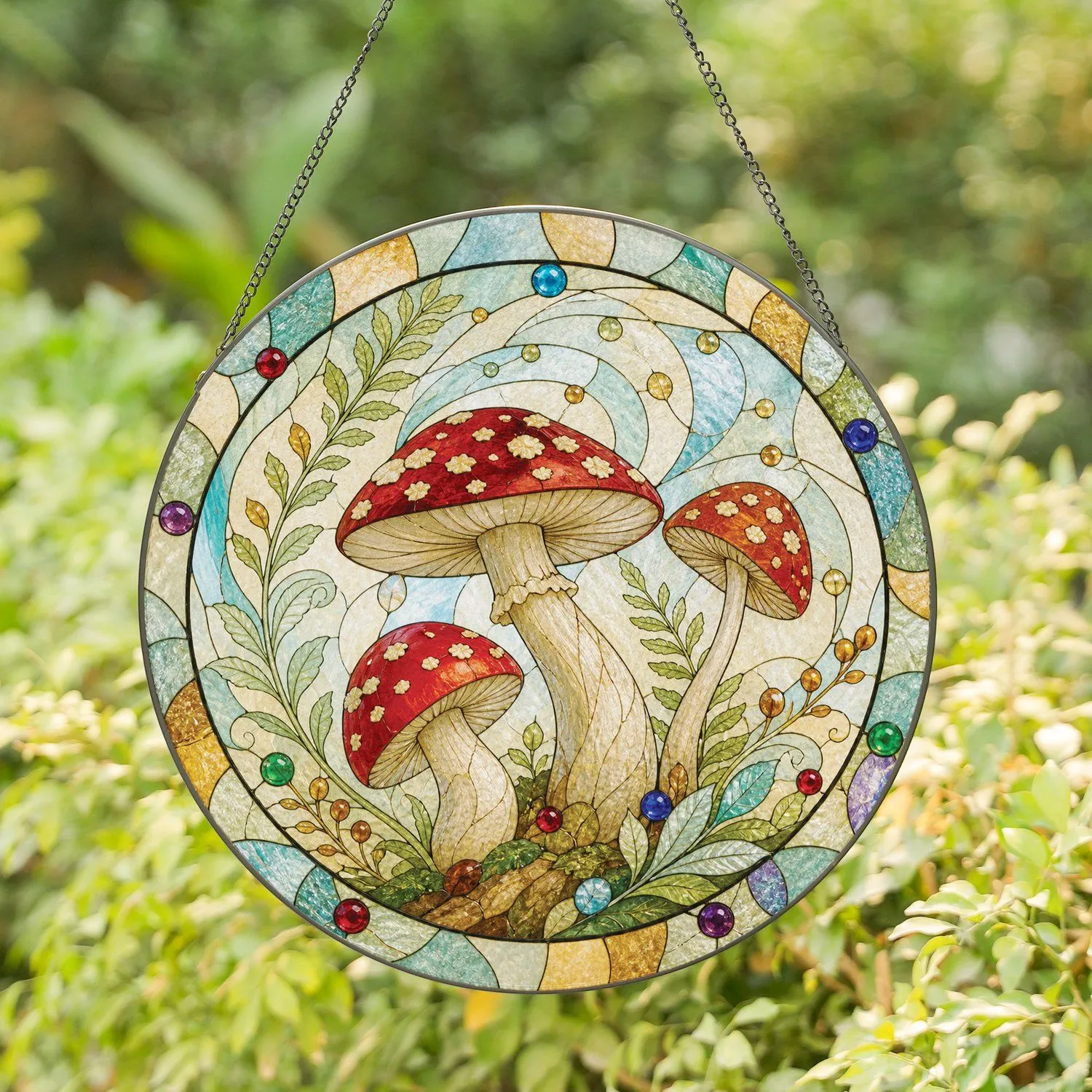 Red Mushroom Trio Cottagecore Garden Gift for Mother's Day and Whimsical Woodland Lovers Stained Glass Suncatcher - 1