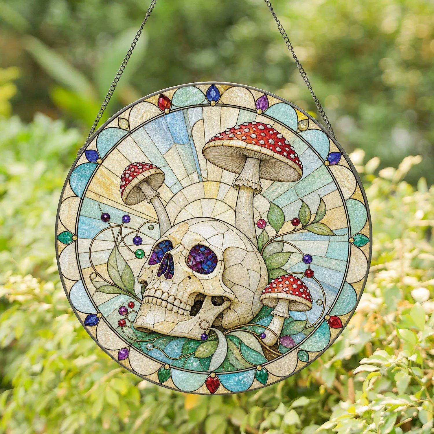 Skull And Amanita Mushroom Halloween Decor For Witchy Homes And Spooky Gift Giving Stained Glass Suncatcher - 1