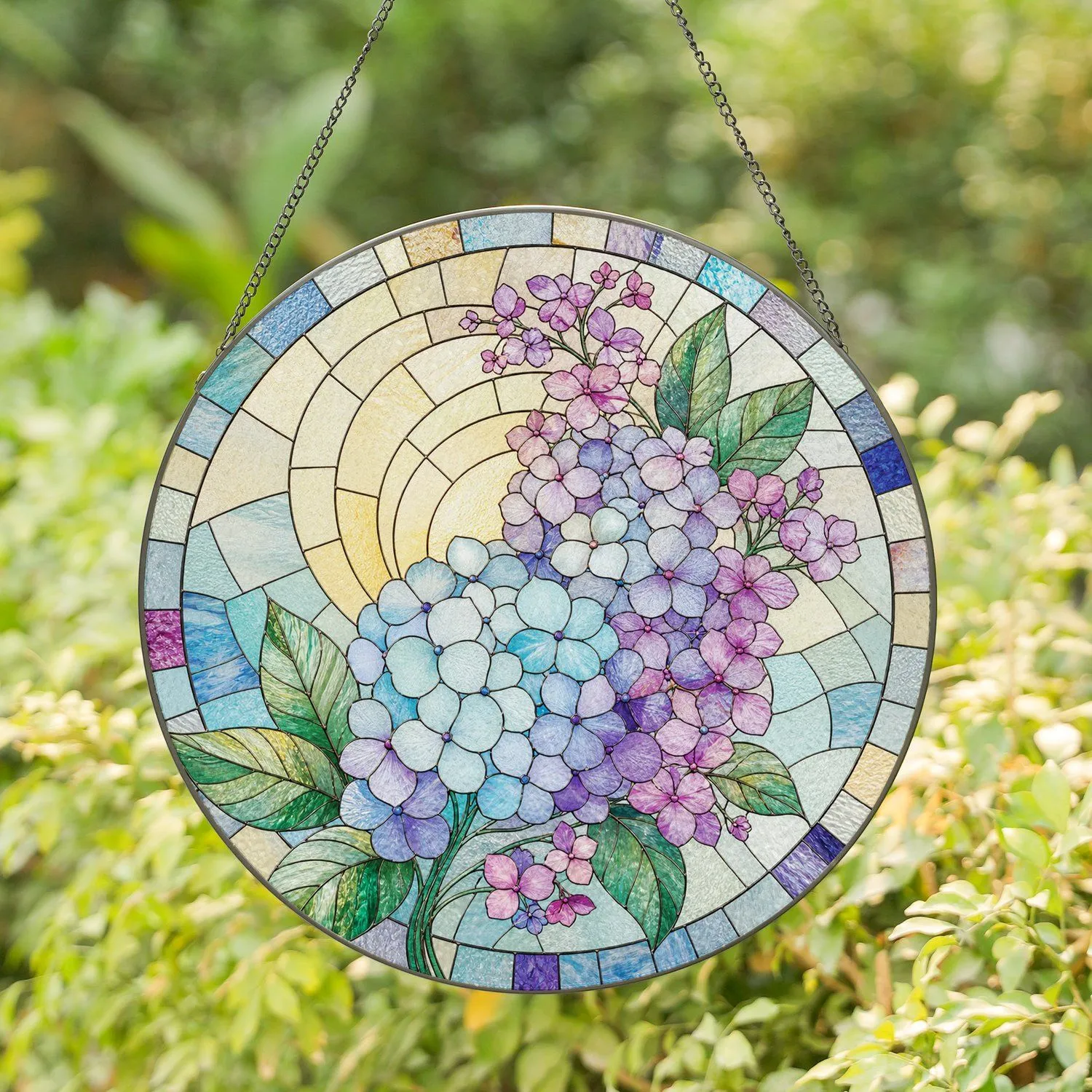Purple Blue Hydrangea Blooms for Cottage Garden Decor and Mother's Day Gift Idea Stained Glass Suncatcher - 1