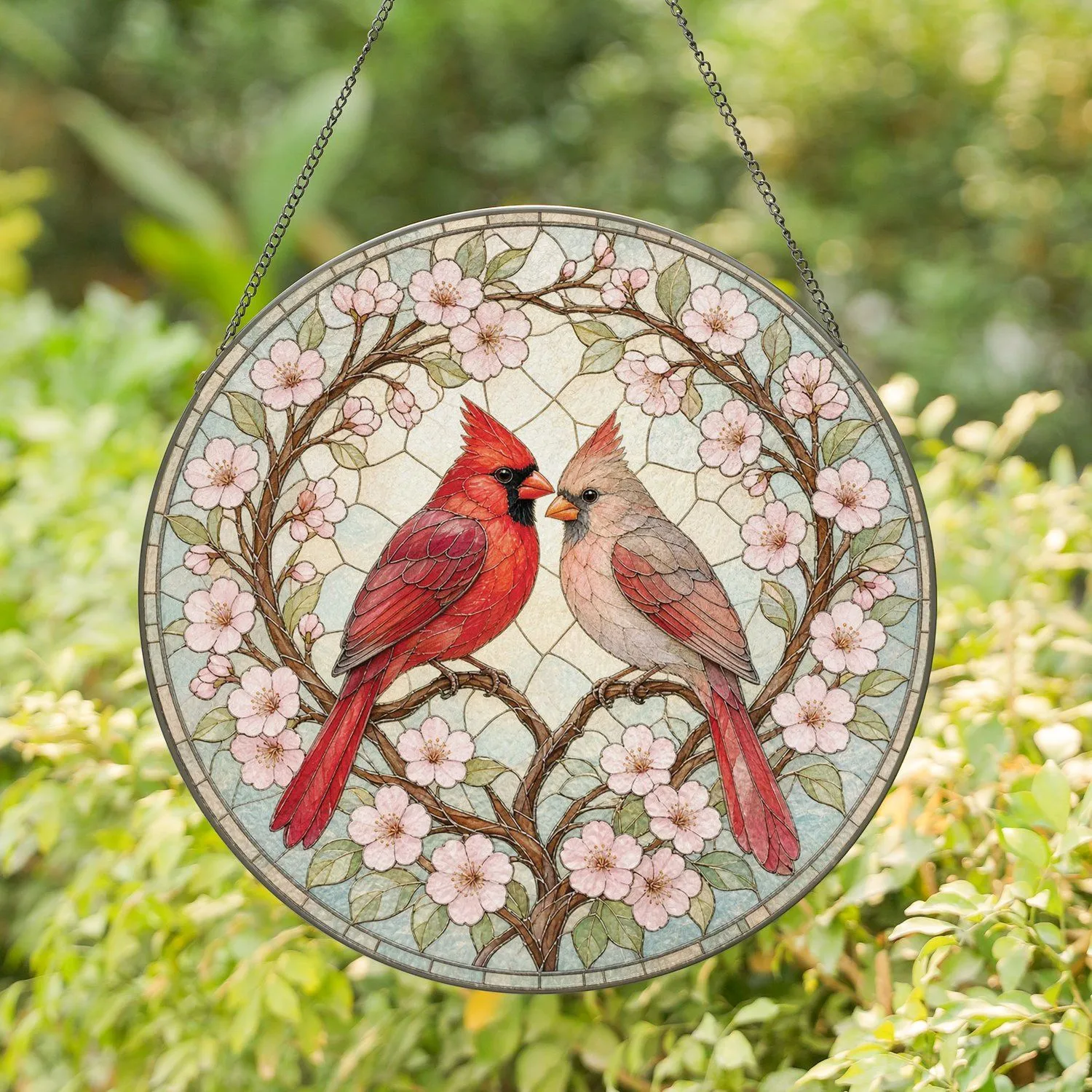 Romantic Red Cardinal Pair in Springtime Cherry Blossom Circle for Mother's Day Stained Glass Suncatcher - 1