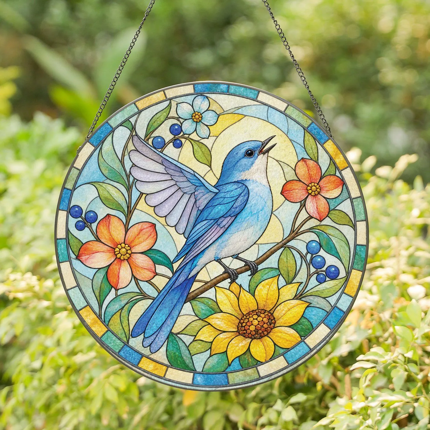 Mountain Bluebird Garden Accent for Housewarming Gifts and Nature-Loving Home Decor Style Stained Glass Suncatcher - 1