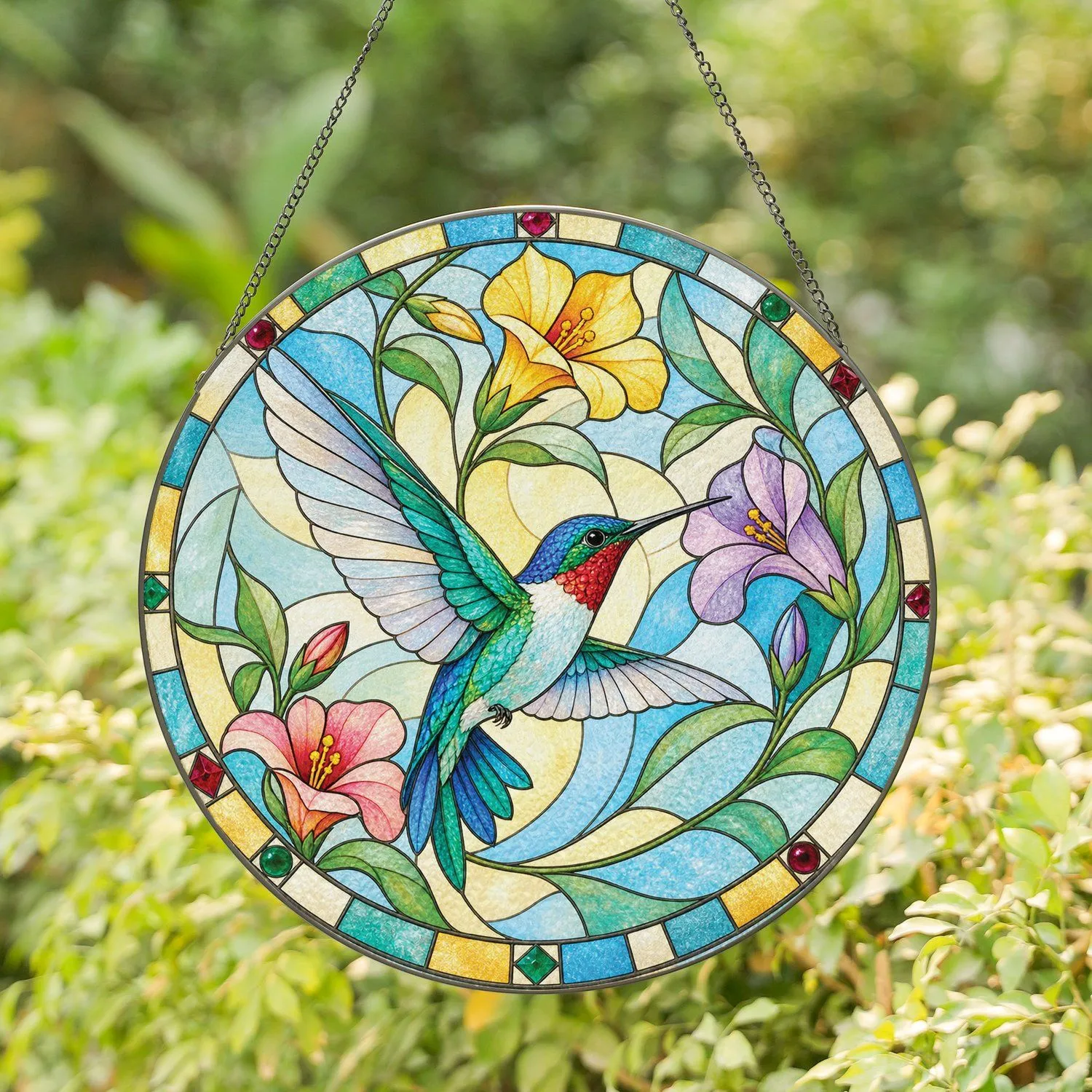 Pink Blue Hummingbird Floral Gift For Mom, Grandma Garden Decor For Bird Lovers Stained Glass Suncatcher - 1