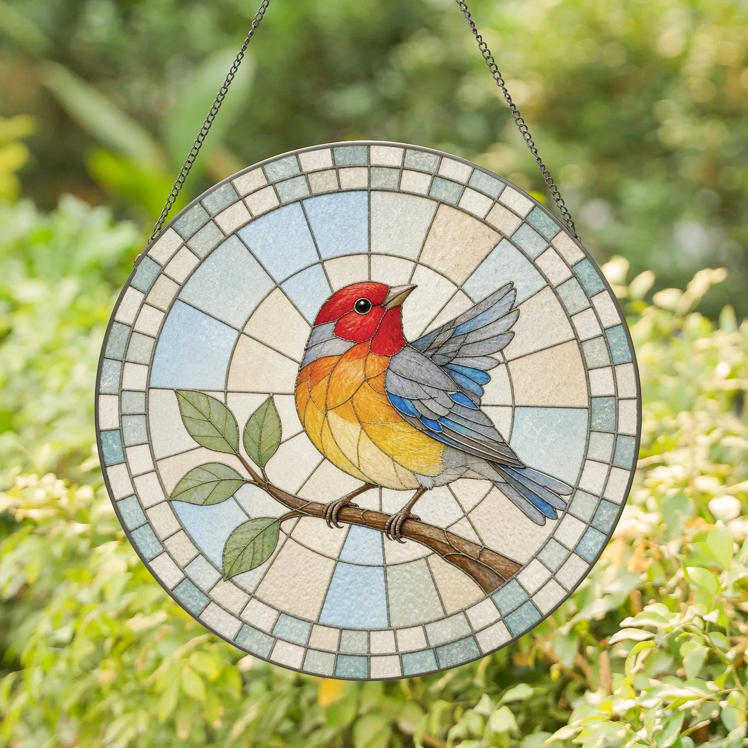 Vivid Finch Bird in Stained Glass Circle for Brightening Home Window and Wall Spaces Stained Glass Suncatcher - 1
