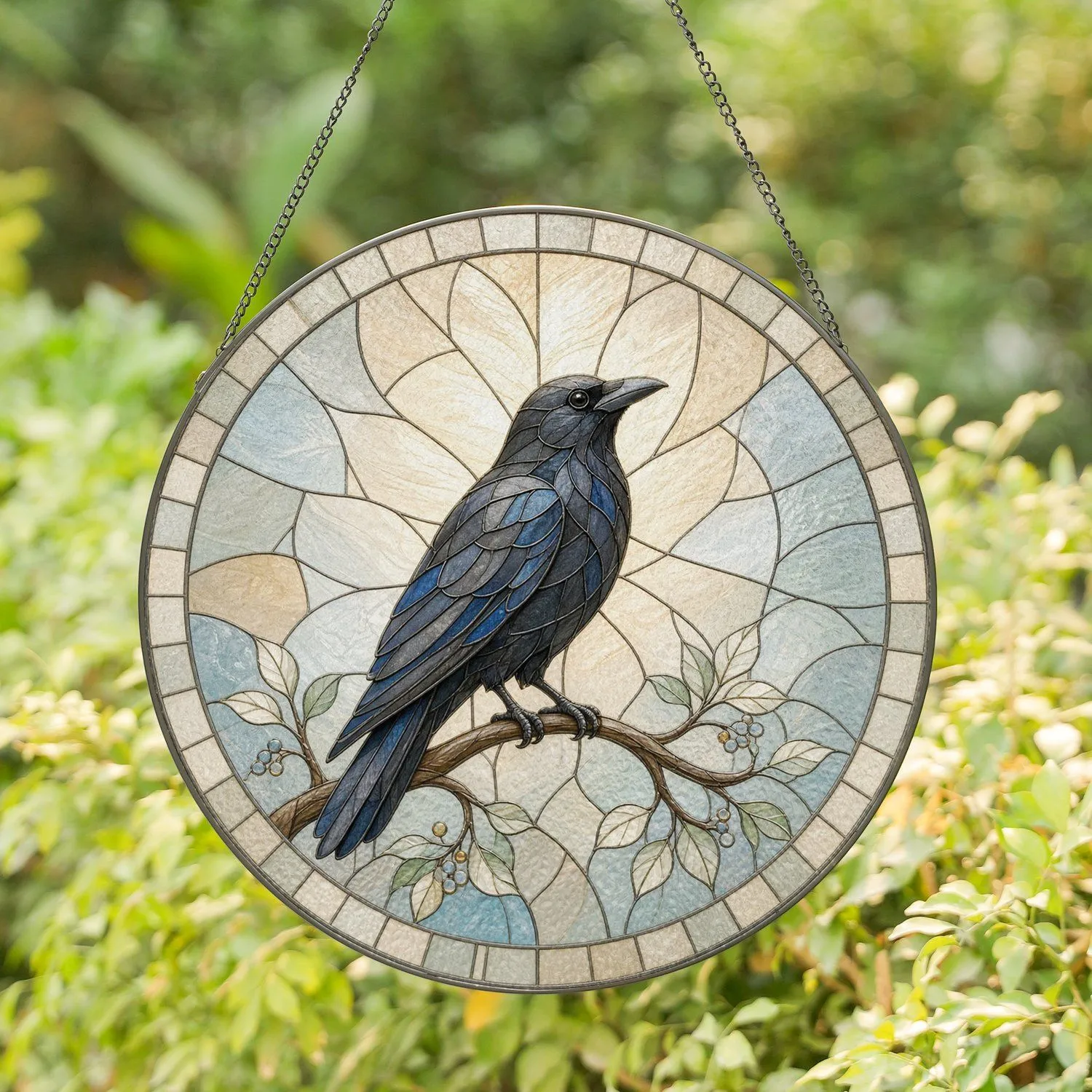 Black Crow on Branch in Pale Stained Glass for Spooky Autumn Wall Decor Stained Glass Suncatcher - 1