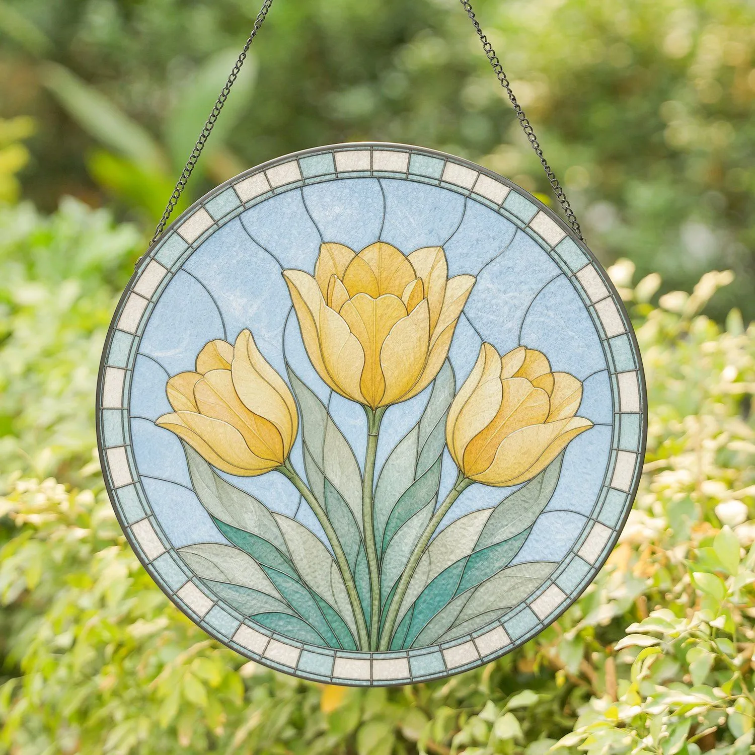 Vibrant Yellow Tulips Circular Stained Glass for Mother's Day Home Garden Decor Stained Glass Suncatcher - 1
