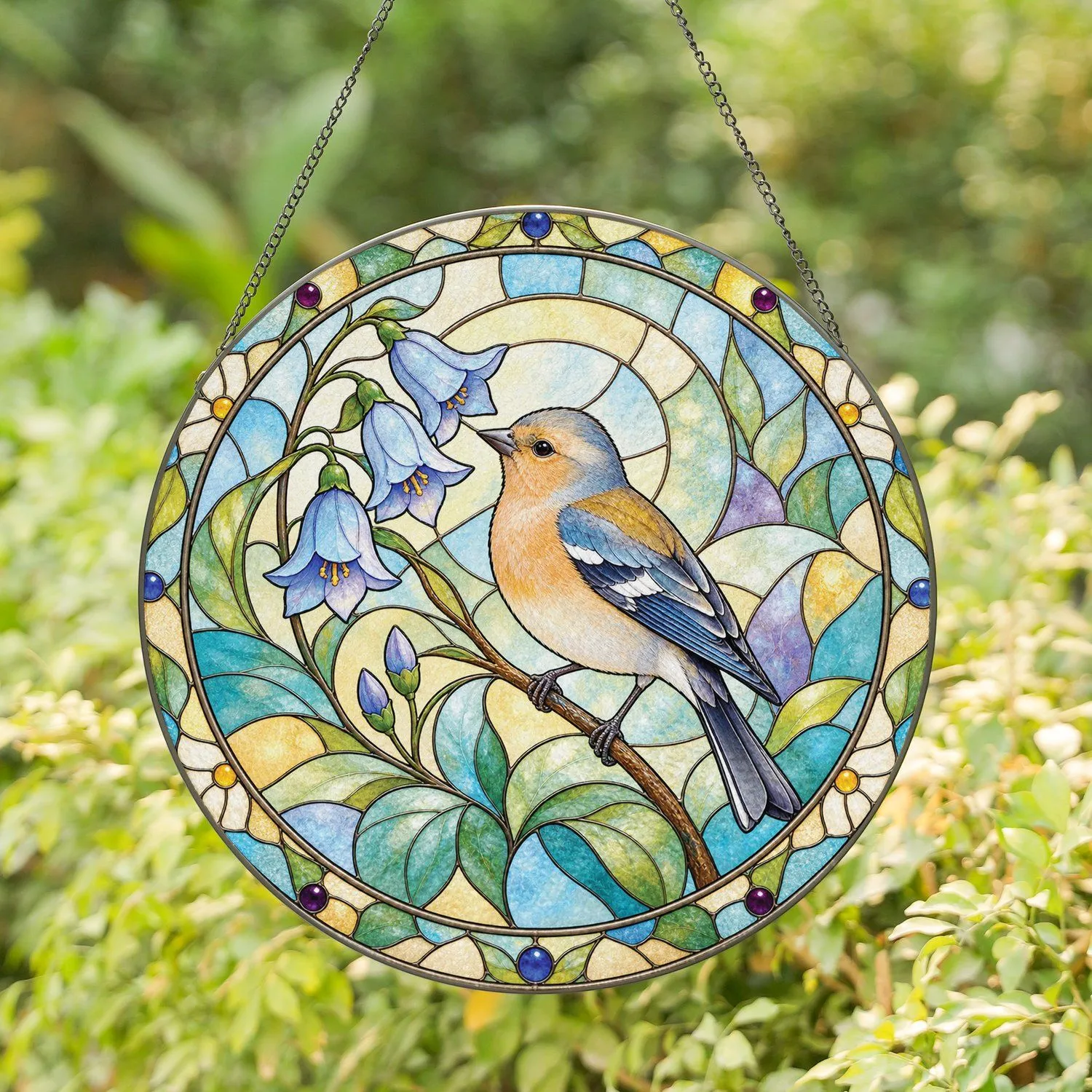 Chaffinch Bird in Bloom for Cottage Garden Gifts and Nature Lover Home Decor Accent Stained Glass Suncatcher - 1