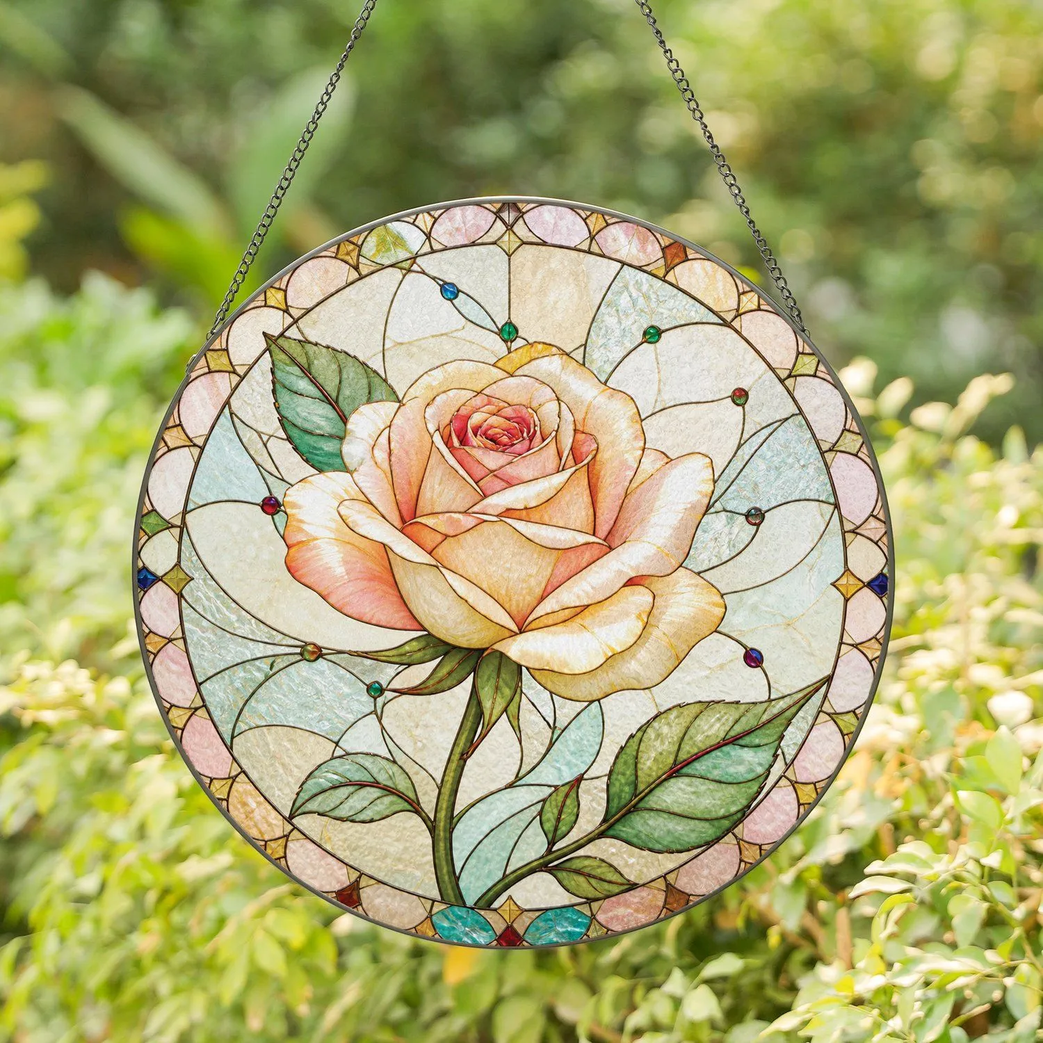 Ivory and Coral Rose Floral Keepsake for Romantic Home Decor and Anniversary Gifting Stained Glass Suncatcher - 1