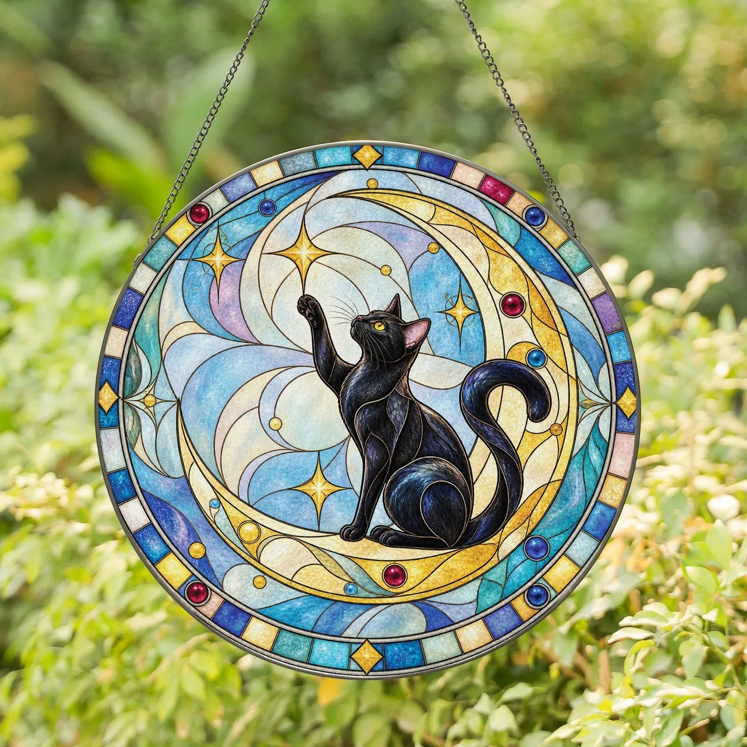 Lavender Cat Beneath a Crescent Moon for Celestial Home Decor and Cat Lover Gifts Stained Glass Suncatcher - 1