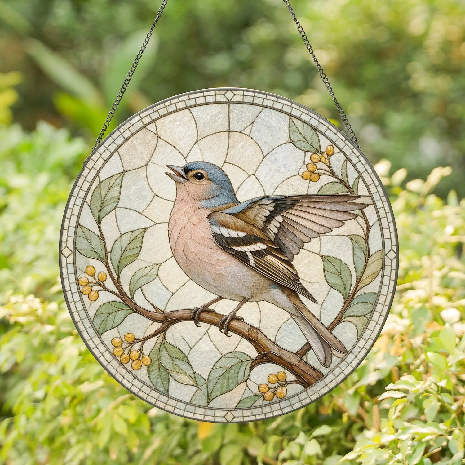Chaffinch Bird in Luminous Circular Leaded Glass Nature Composition for Garden Spaces Stained Glass Suncatcher - 1