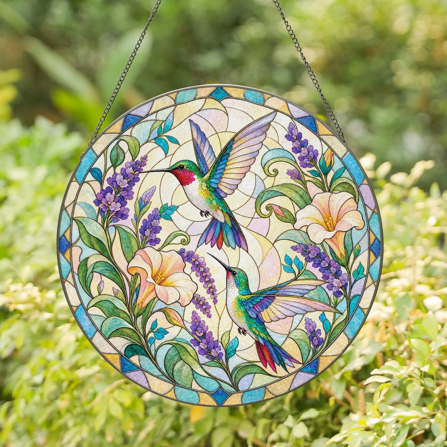Hummingbird Lavender Blooms for Mother's Day Garden Lovers and Bird Enthusiasts Gift Stained Glass Suncatcher - 1