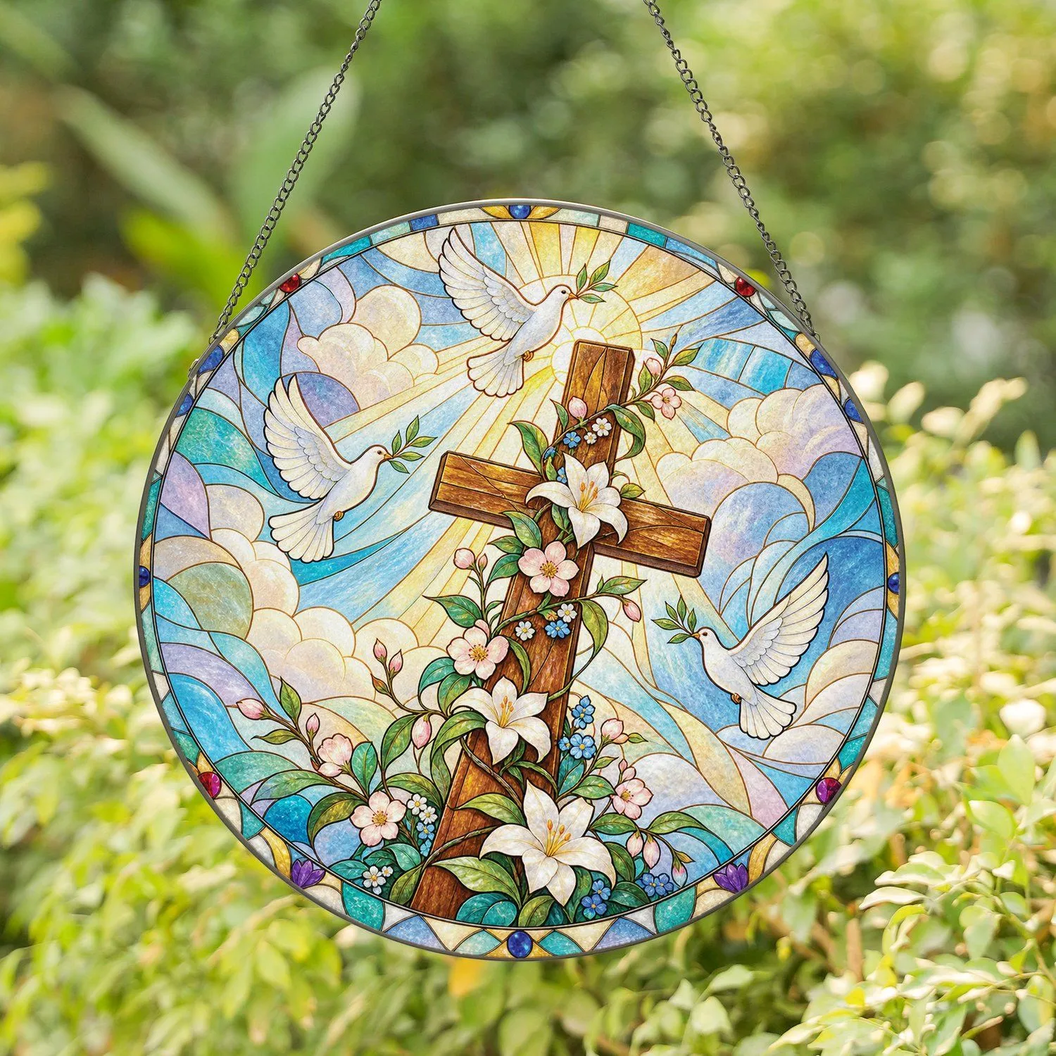 Cross and Wildflower Christian Gift for Encouragement, Daily Faith, Women and Family Stained Glass Suncatcher - 1