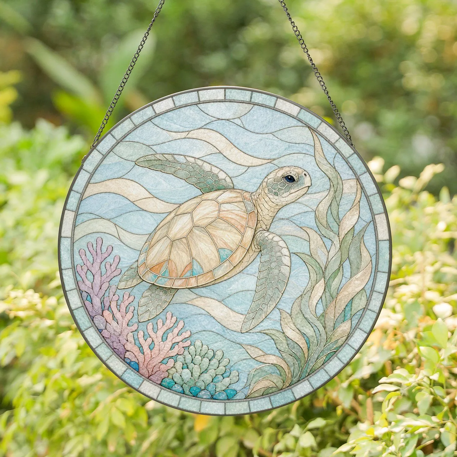 Majestic Sea Turtle Amidst Coral Reef for Inviting Beach House Living Spaces Stained Glass Suncatcher - 1