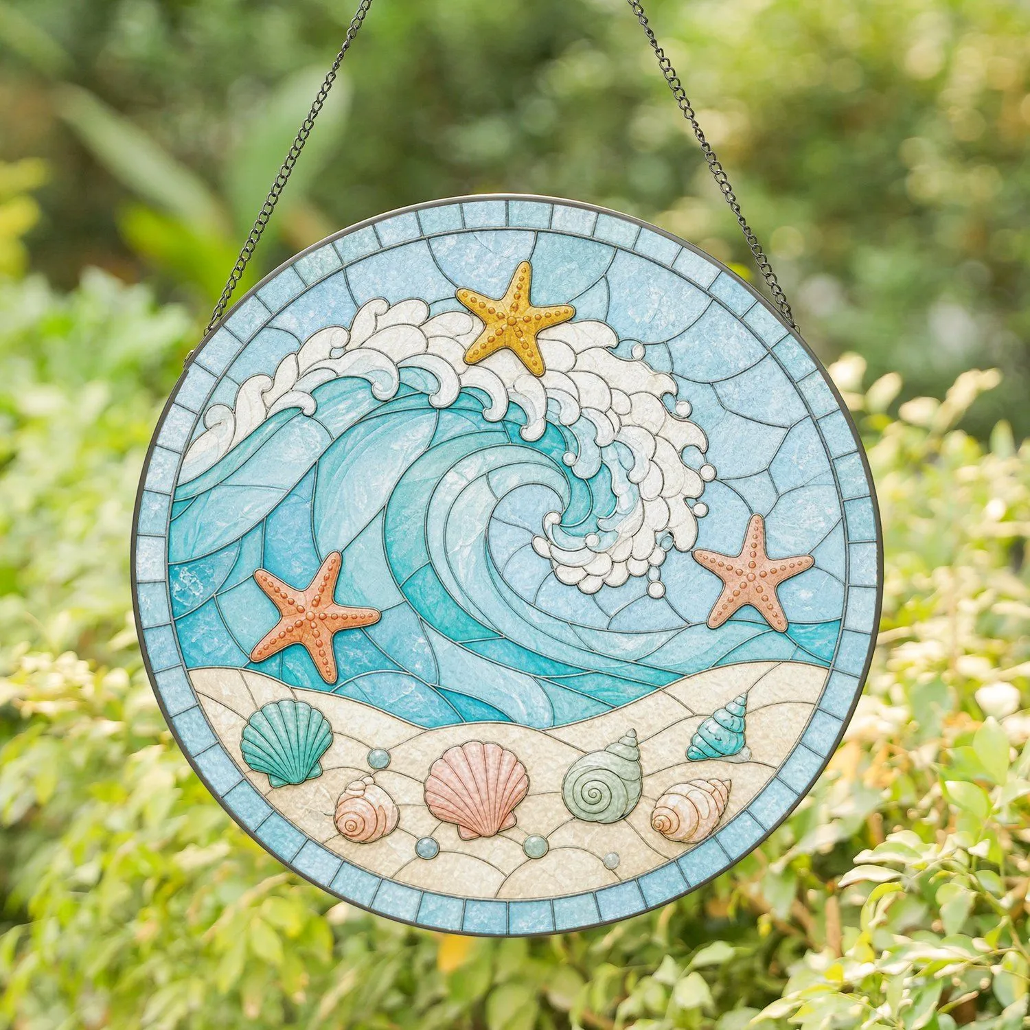 Ocean Wave Starfish Seashells Coastal Scene for Beach Home Decor Stained Glass Suncatcher - 1