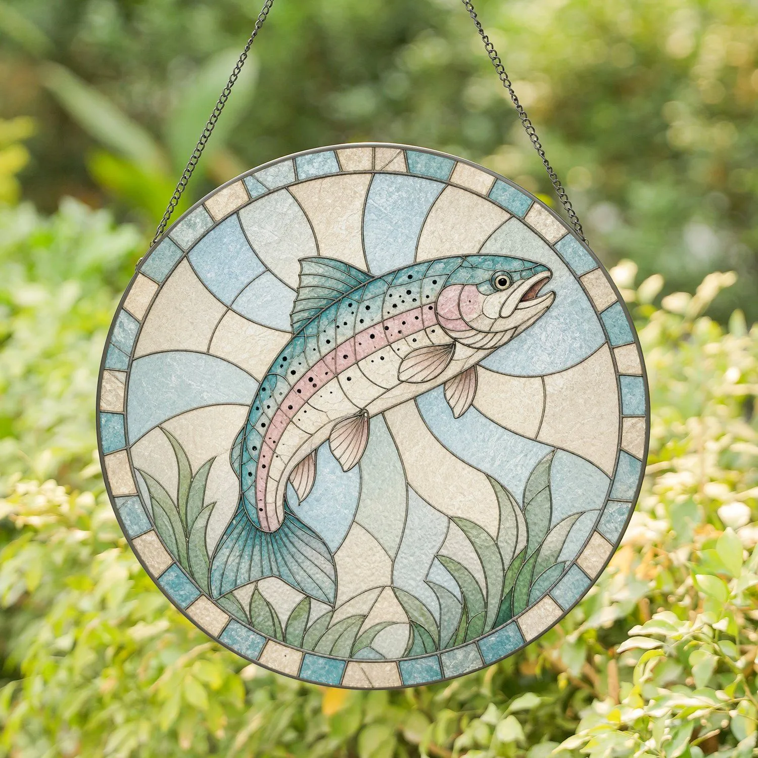 Leaping Rainbow Trout in Elegant Circle for Fisherman Cabin and Lake House Decor Stained Glass Suncatcher - 1