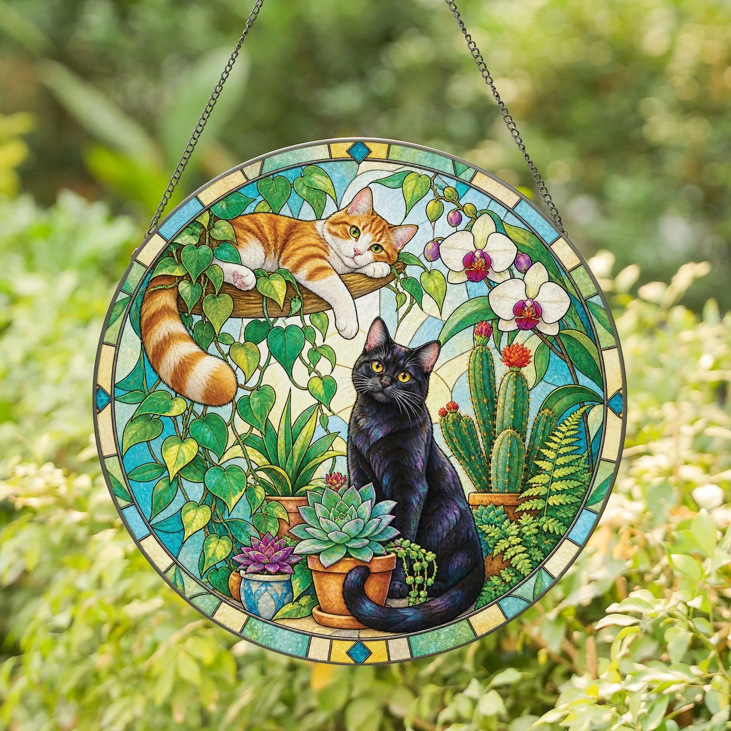 Black Cat And Succulent Garden Decor For Plant Lovers, Cozy Homes, And Gift Giving Stained Glass Suncatcher - 1