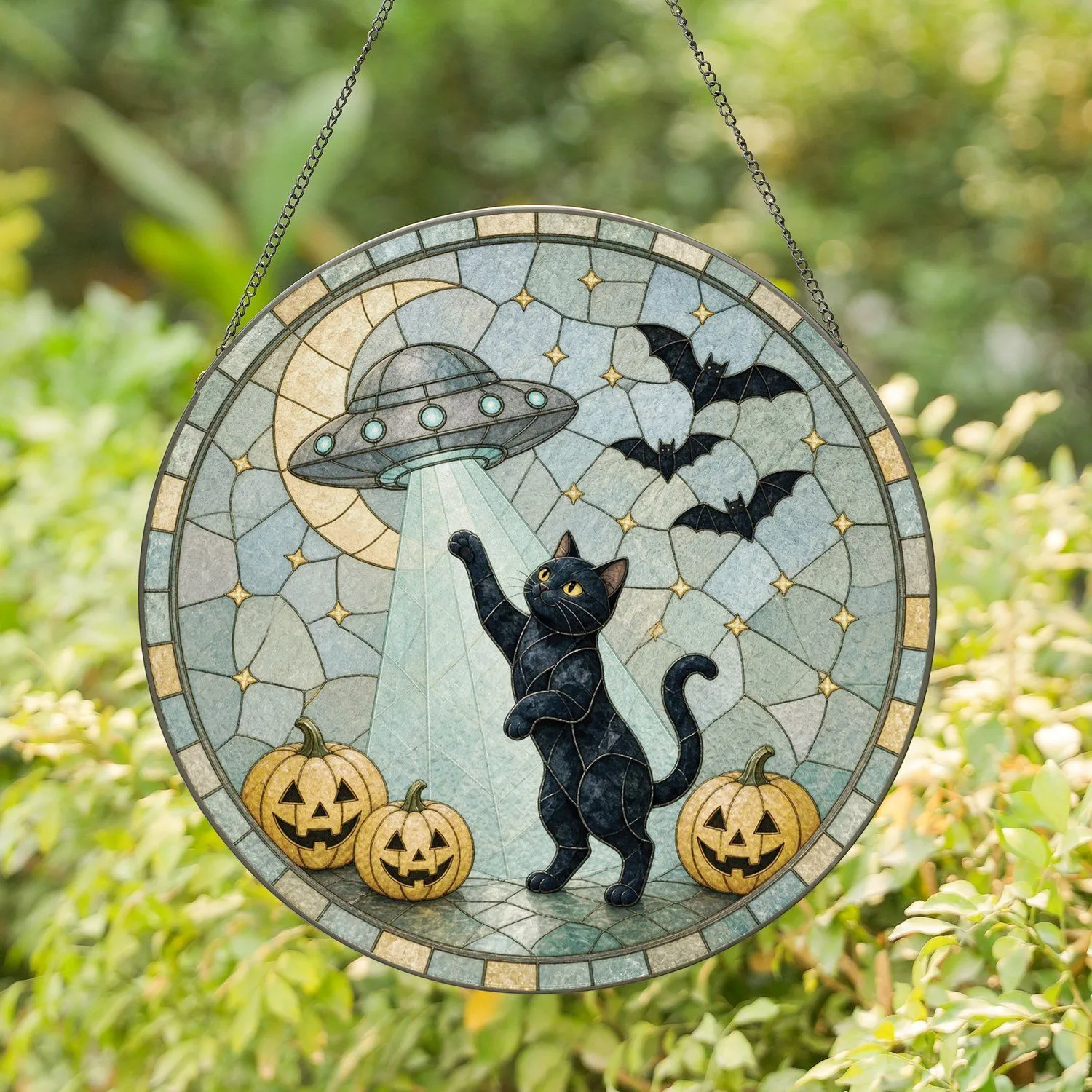 Curious Black Cat Reaching Toward UFO Under Halloween Moon for Gothic Cat Homes Stained Glass Suncatcher - 1
