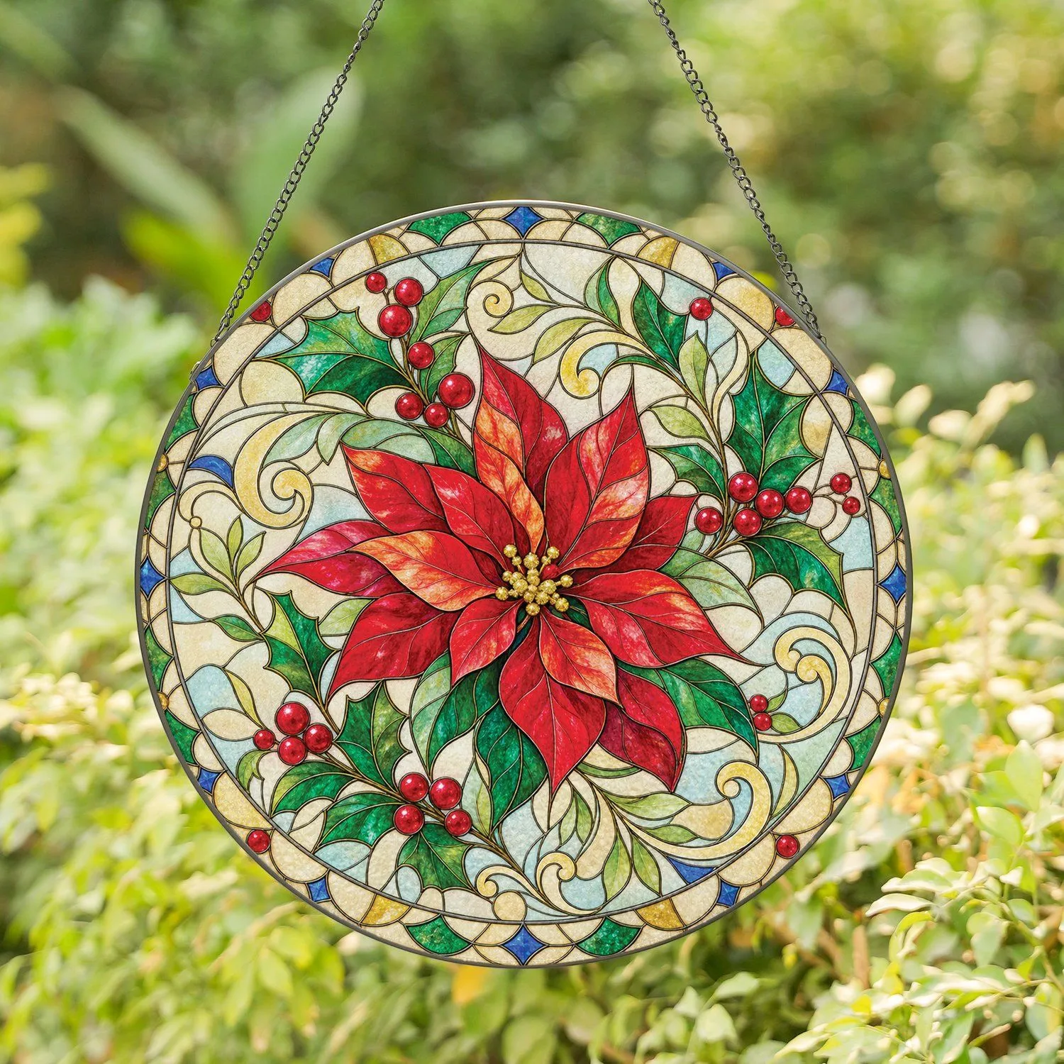 Red Poinsettia And Holly Medallion For Christmas Window Decor, Winter Home Gifts Stained Glass Suncatcher - 1