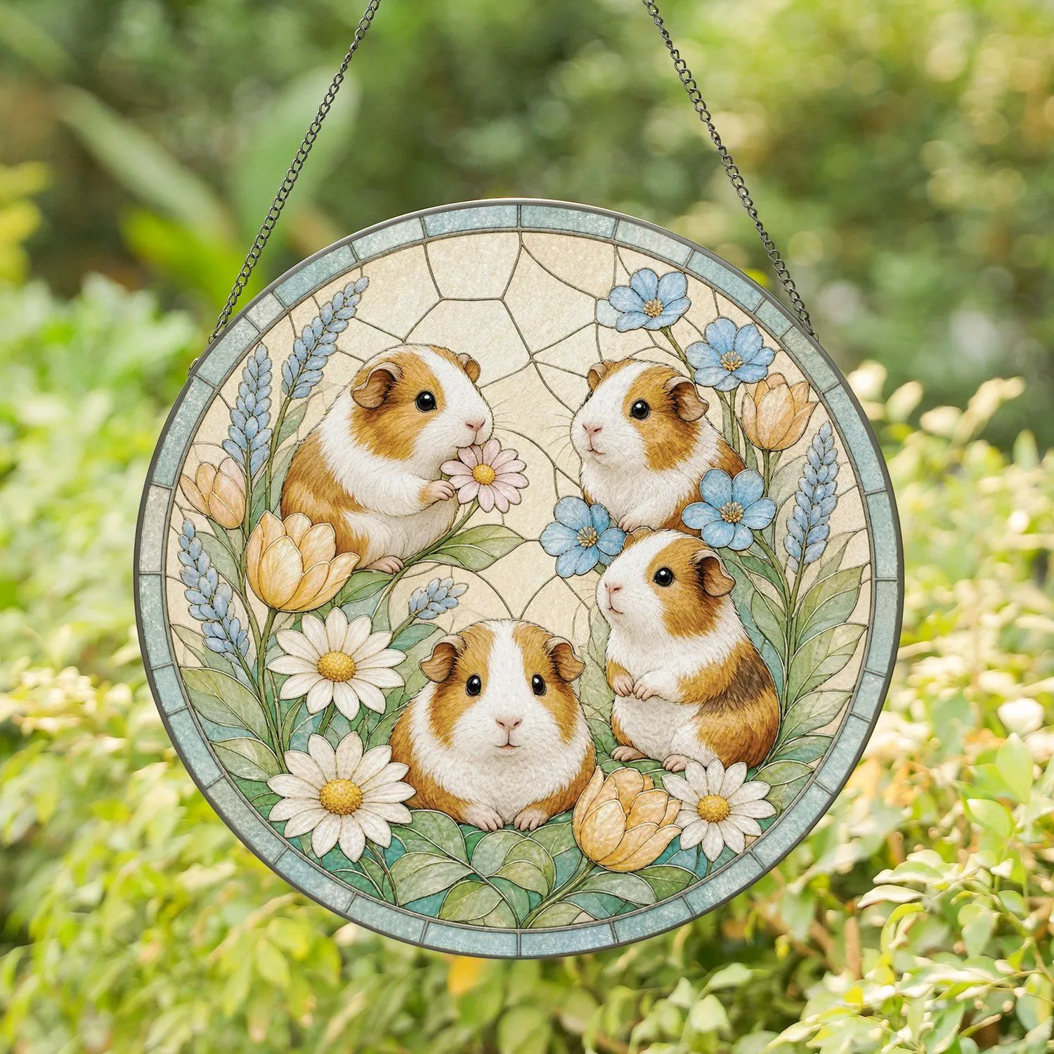 Cute Guinea Pigs with Pastel Flowers in Circular Design for Whimsical Pet Homes Stained Glass Suncatcher - 1