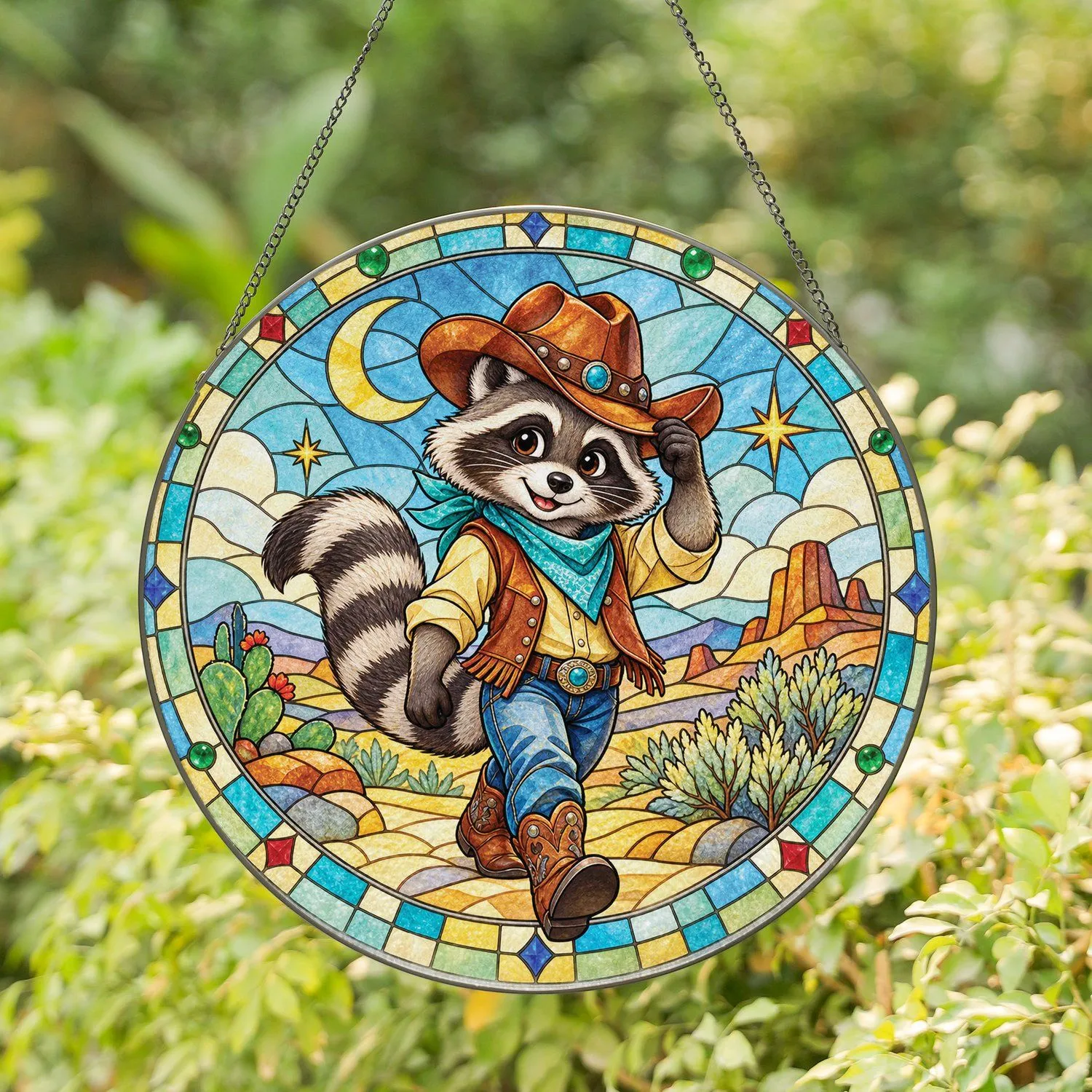 Cowboy Raccoon Western Room Decor for Kids, Nursery Style, Animal Lover Mother's Day Gift Stained Glass Suncatcher - 1