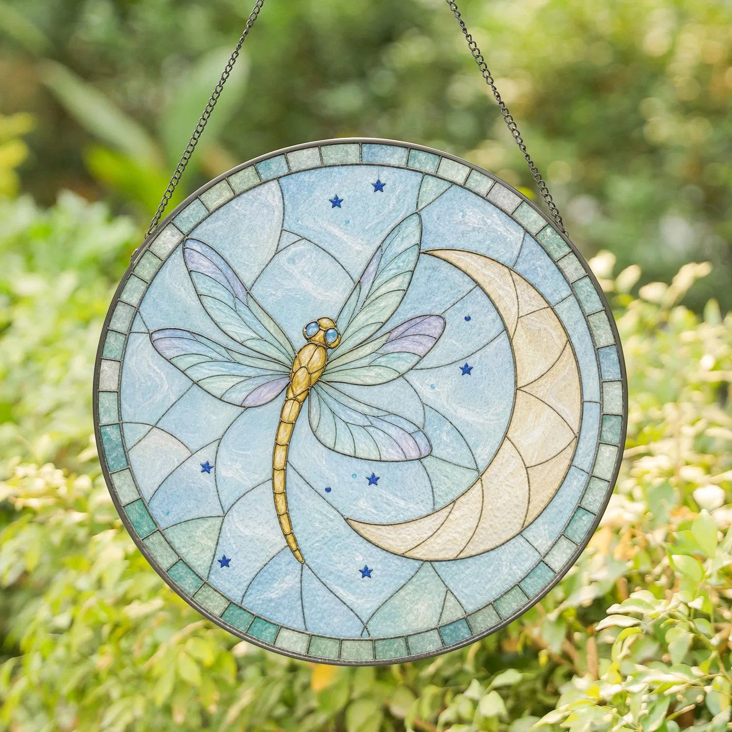Serene Dragonfly Hovering by Crescent Moon for Boho Nature Inspired Home and Garden Decor Stained Glass Suncatcher - 1